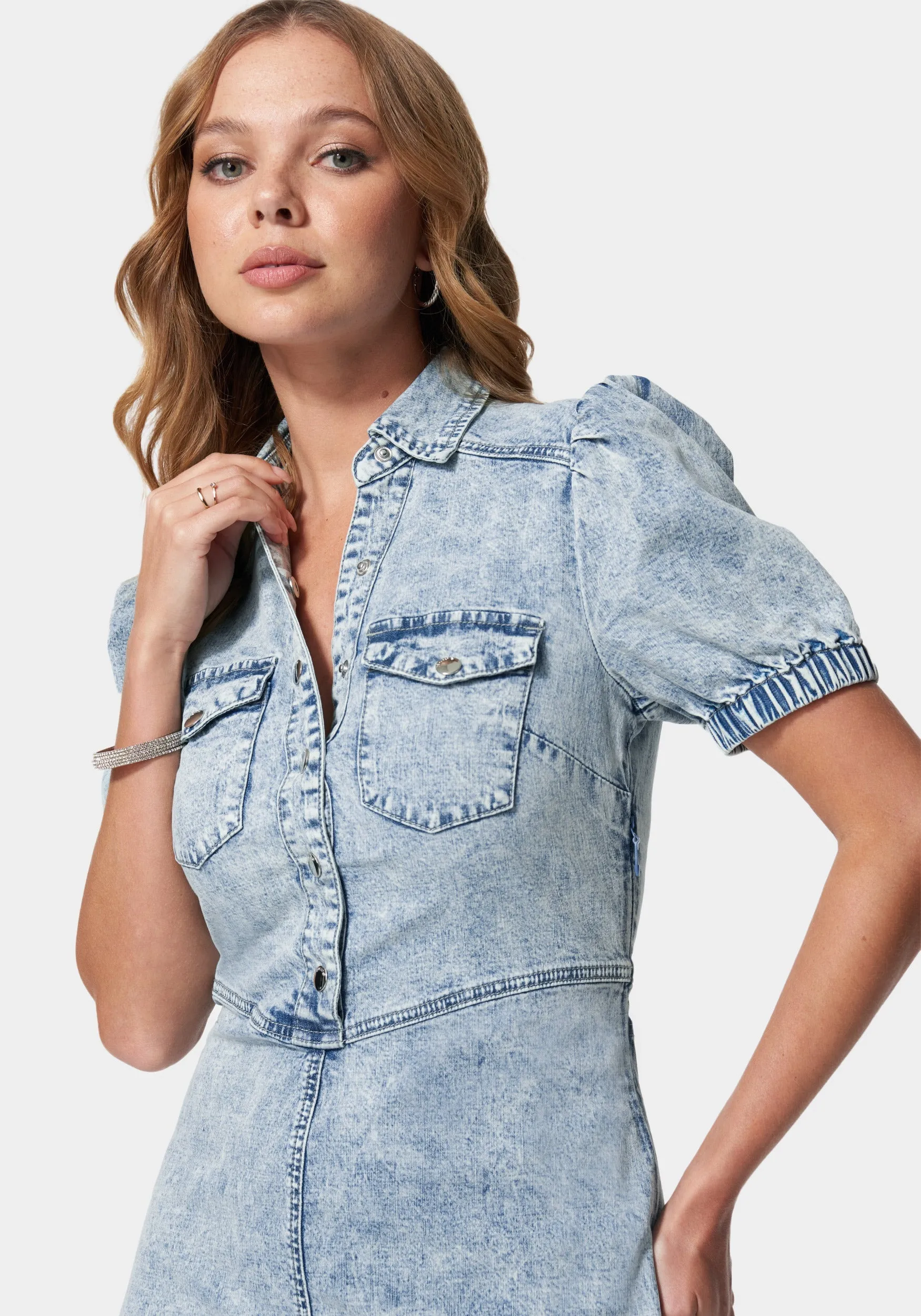 Denim Button Down Puff Sleeve Dress