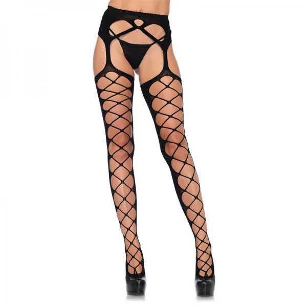 Diamond Net Opaque Stockings With Attached Garter Belt O/s Black