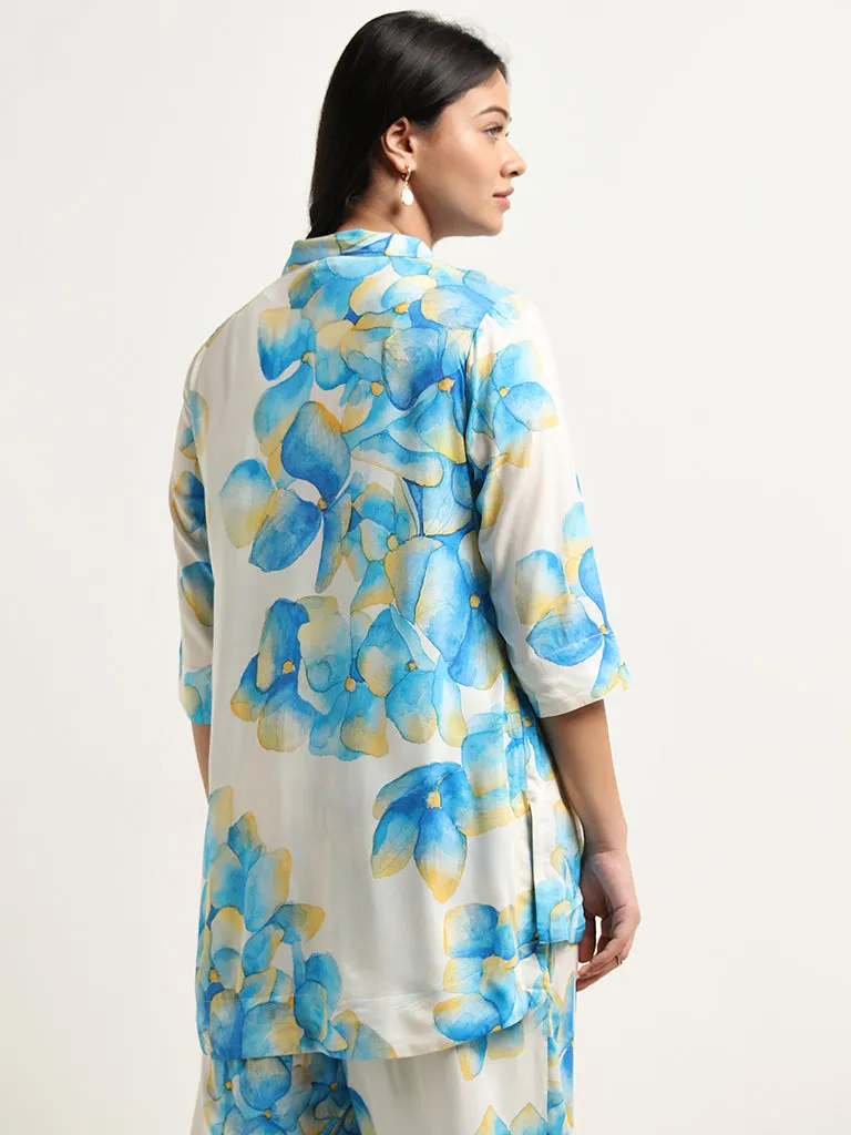 Diza Blue Floral Design High-Low Tunic