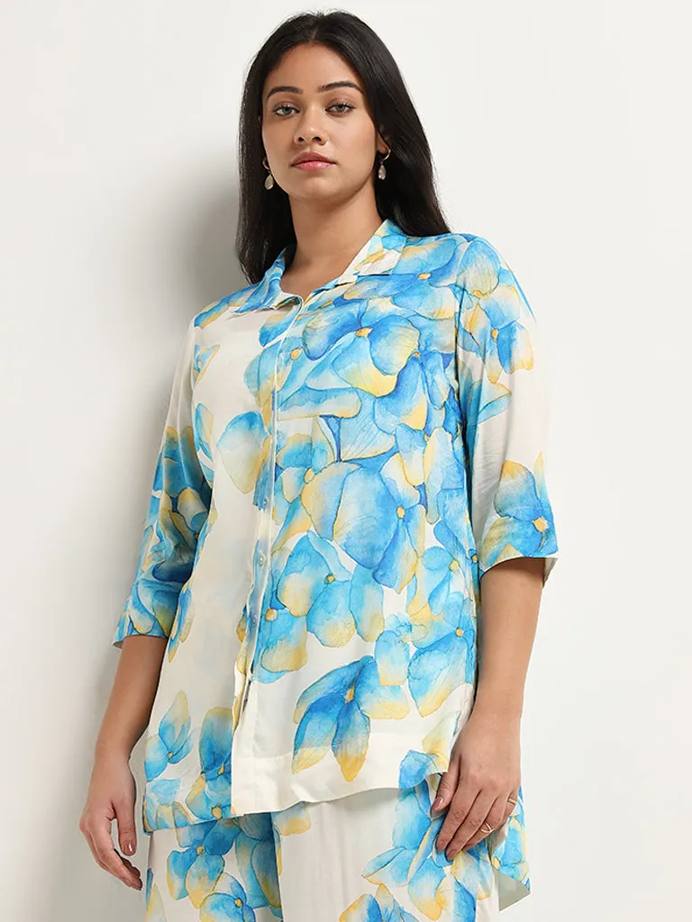 Diza Blue Floral Design High-Low Tunic