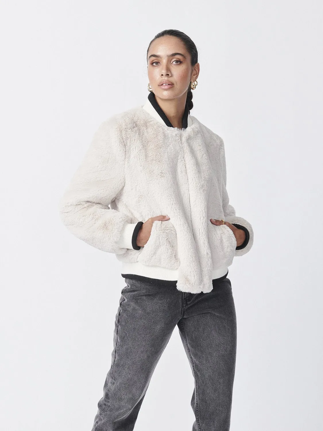 Essential Faux Fur Bomber Jacket - Bone