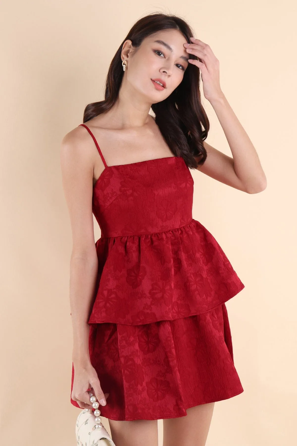 FINCH JACQUARD DRESS IN WINE RED