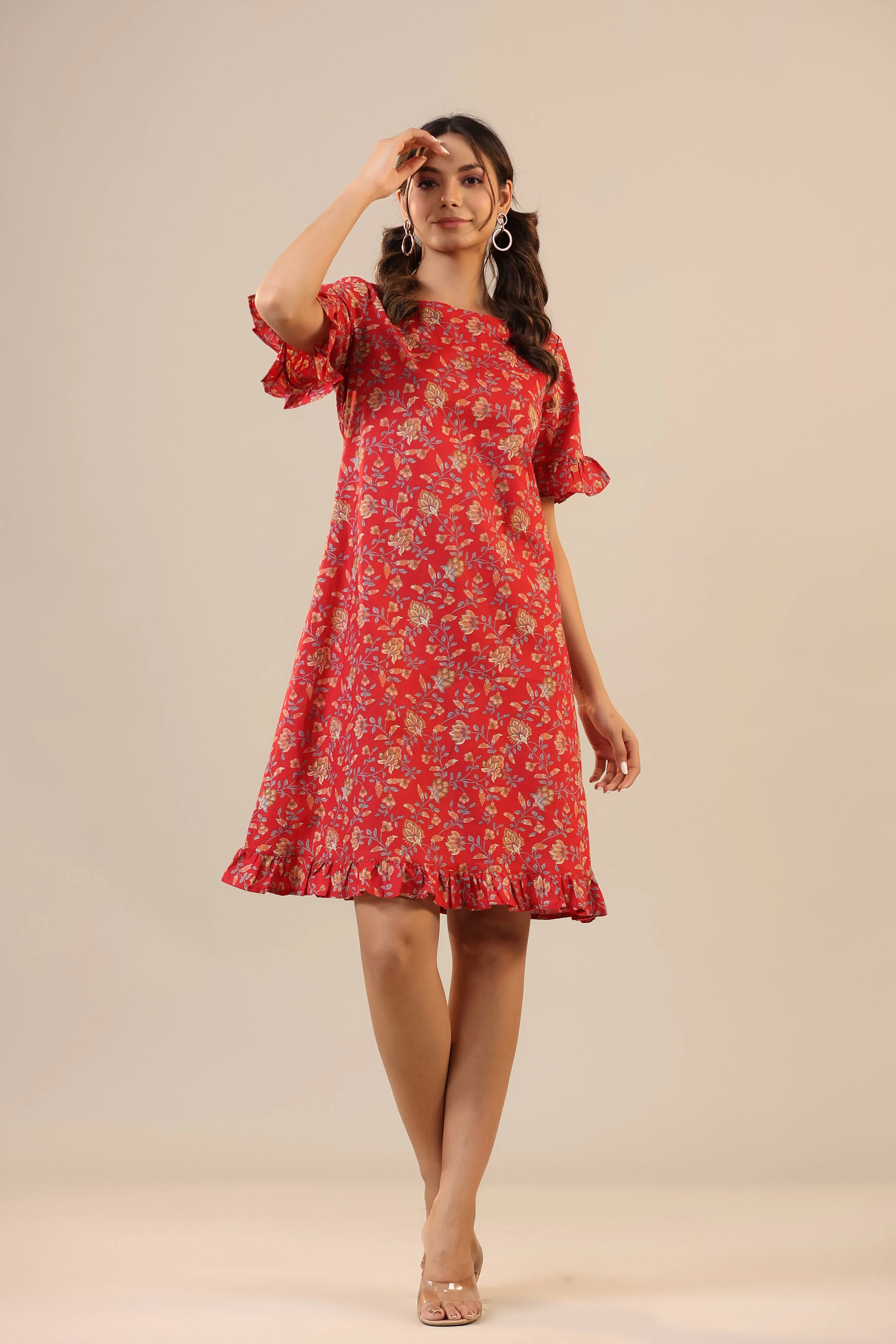 Floral Jaal on Red T-shirt Dress