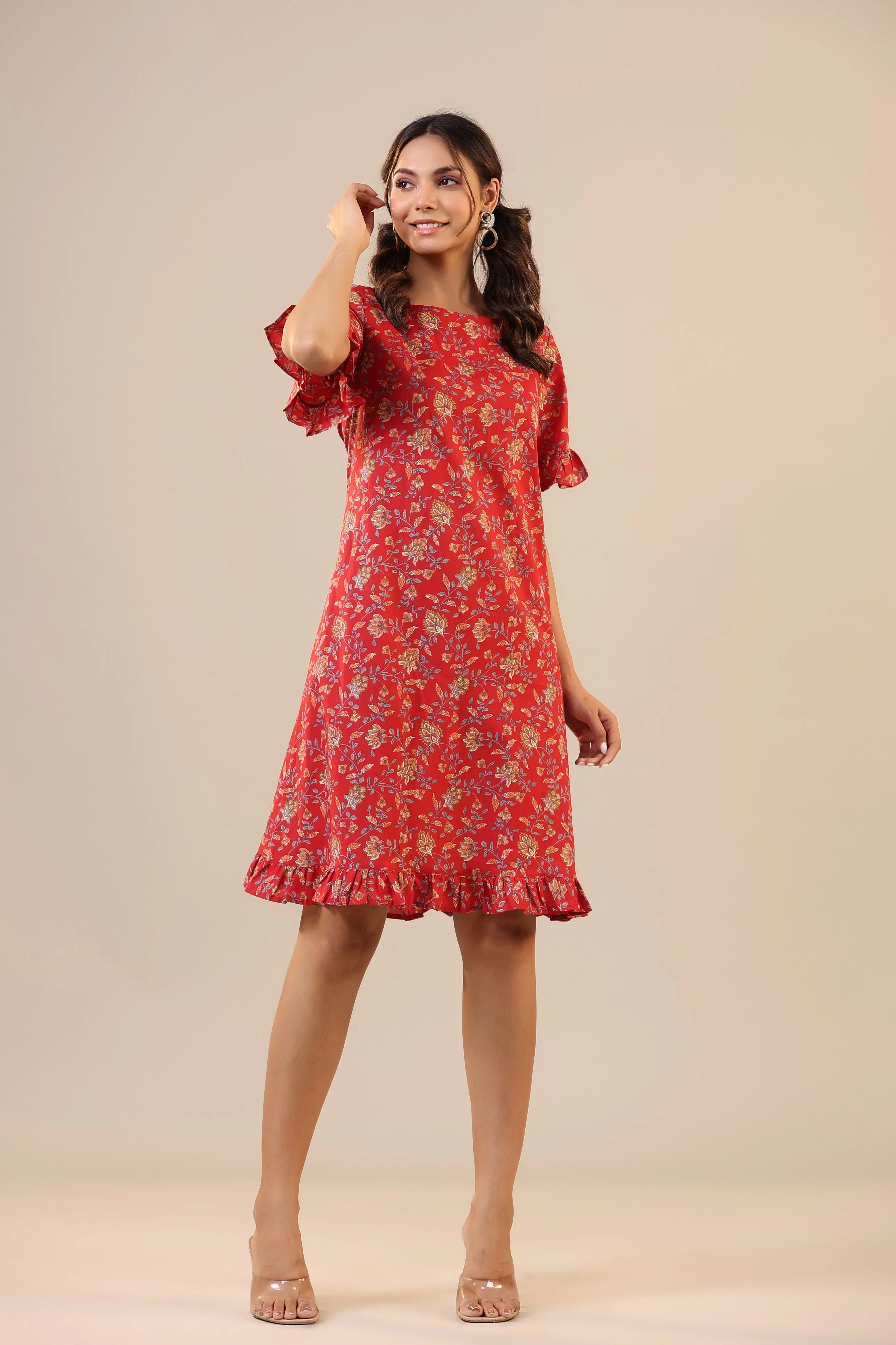 Floral Jaal on Red T-shirt Dress