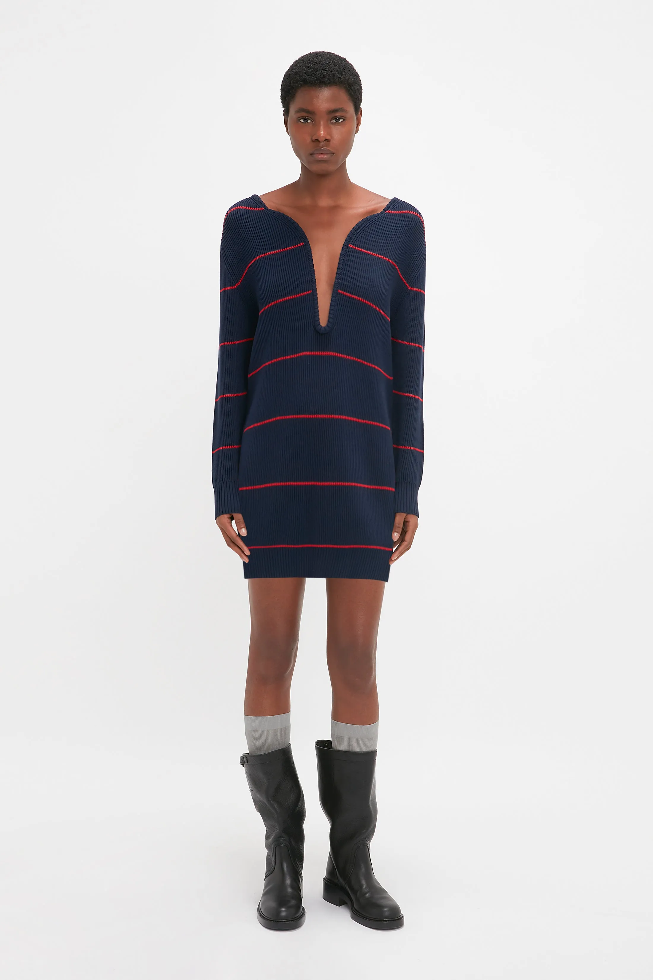 Frame Detail Jumper Dress In Navy-Red