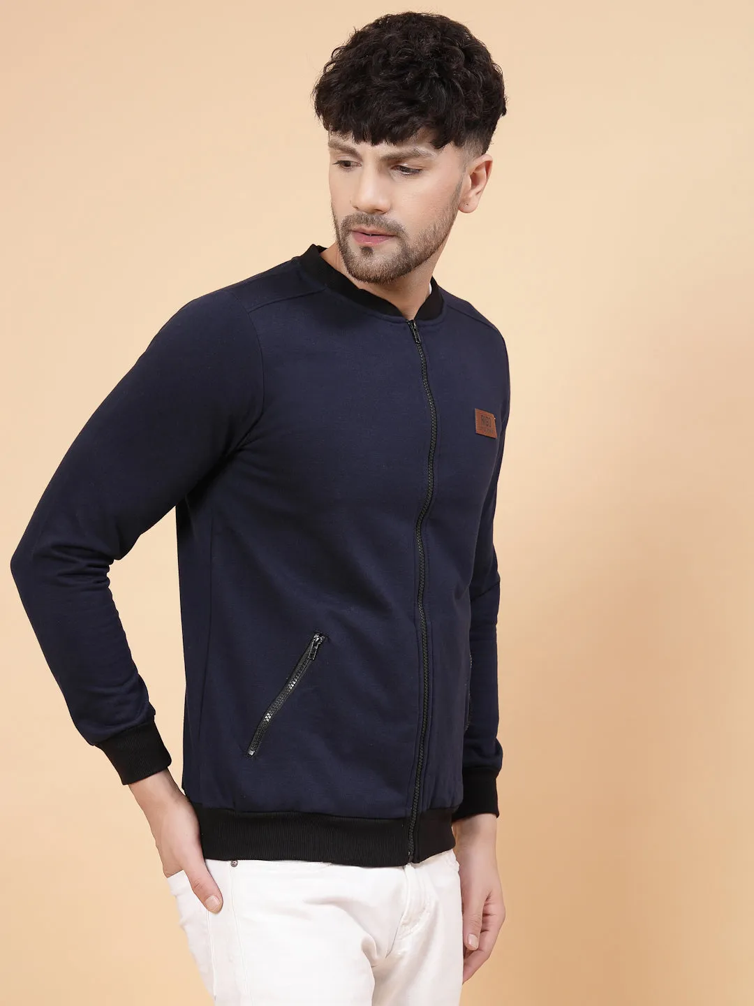 Front Zip With Mandarin Collar Fleece Bomber Jacket