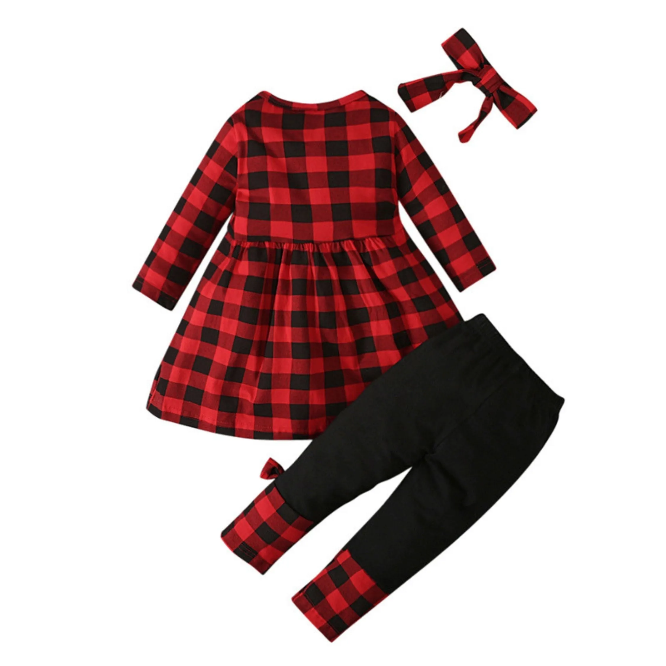 Full Sleeve Red Striped Dress & Black Trouser Girls 2 Piece Outfit Set, Red