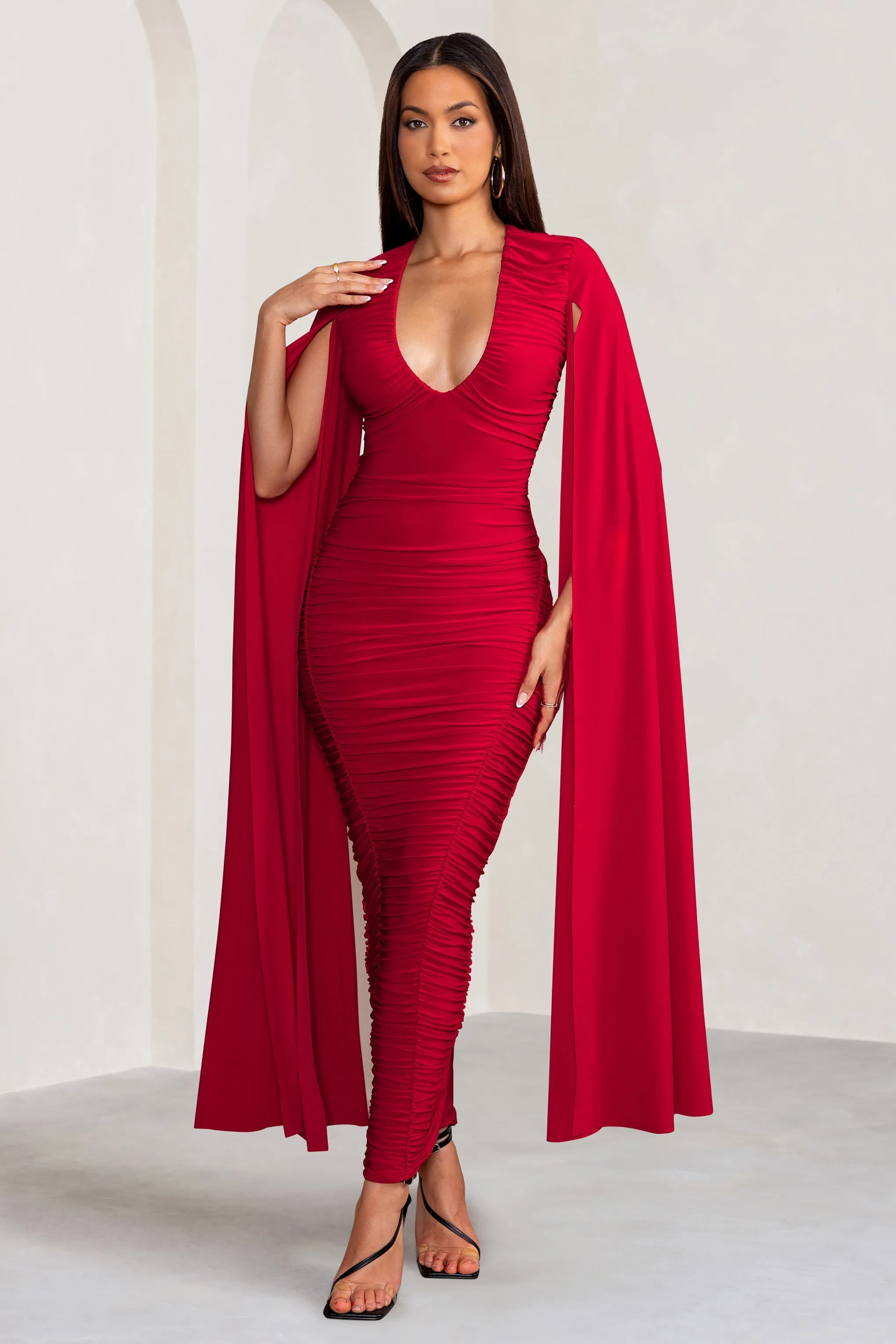 Georgiana | Red Plunge Ruched Maxi Dress with Cape Sleeves