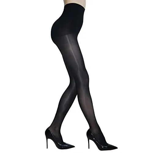 Womens High-Waist Control Top 8D Pantyhose - HTRUIYATY Super Shiny Silk Stockings in Ultra Shimmery Black