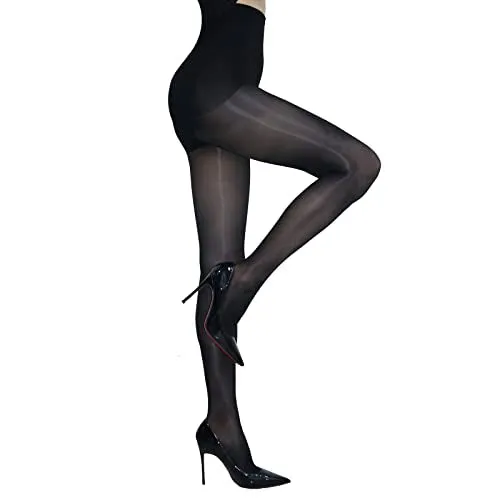 Womens High-Waist Control Top 8D Pantyhose - HTRUIYATY Super Shiny Silk Stockings in Ultra Shimmery Black