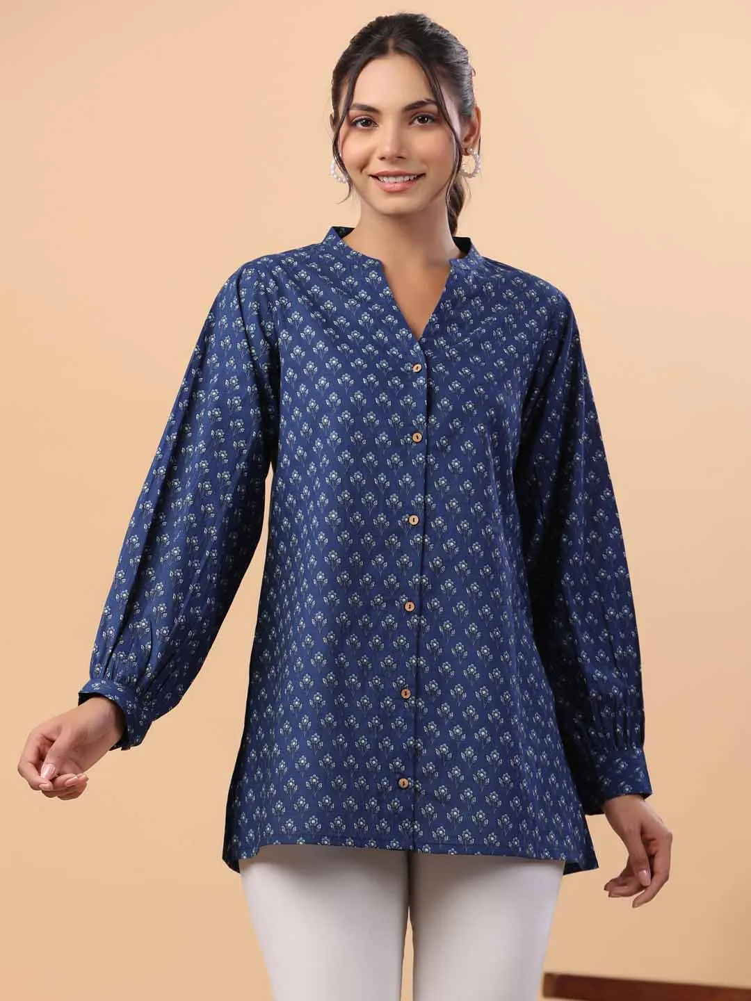 Indigo Cotton Floral A-Line Tunic