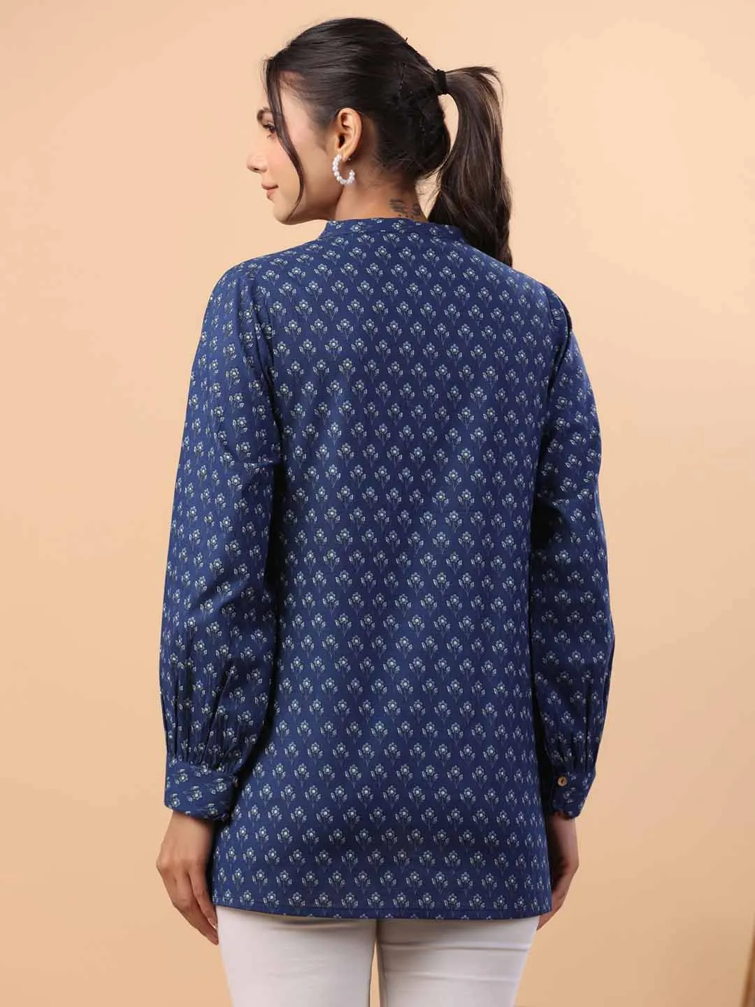 Indigo Cotton Floral A-Line Tunic