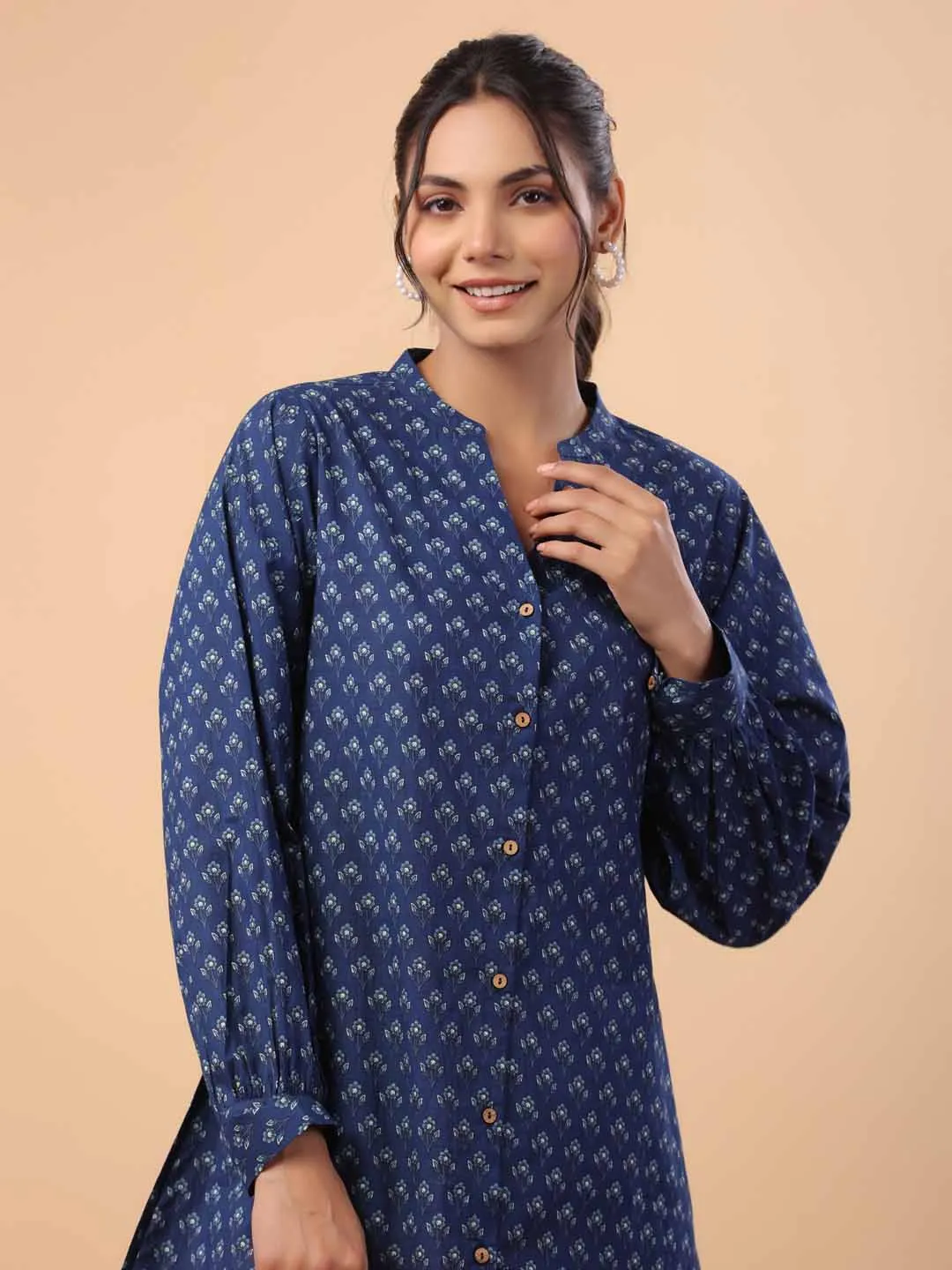 Indigo Cotton Floral A-Line Tunic