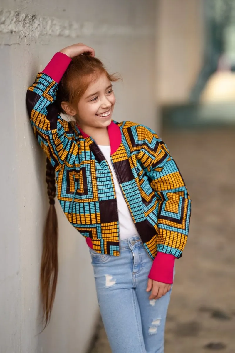 Kids African Bomber Jacket In Blue Kente