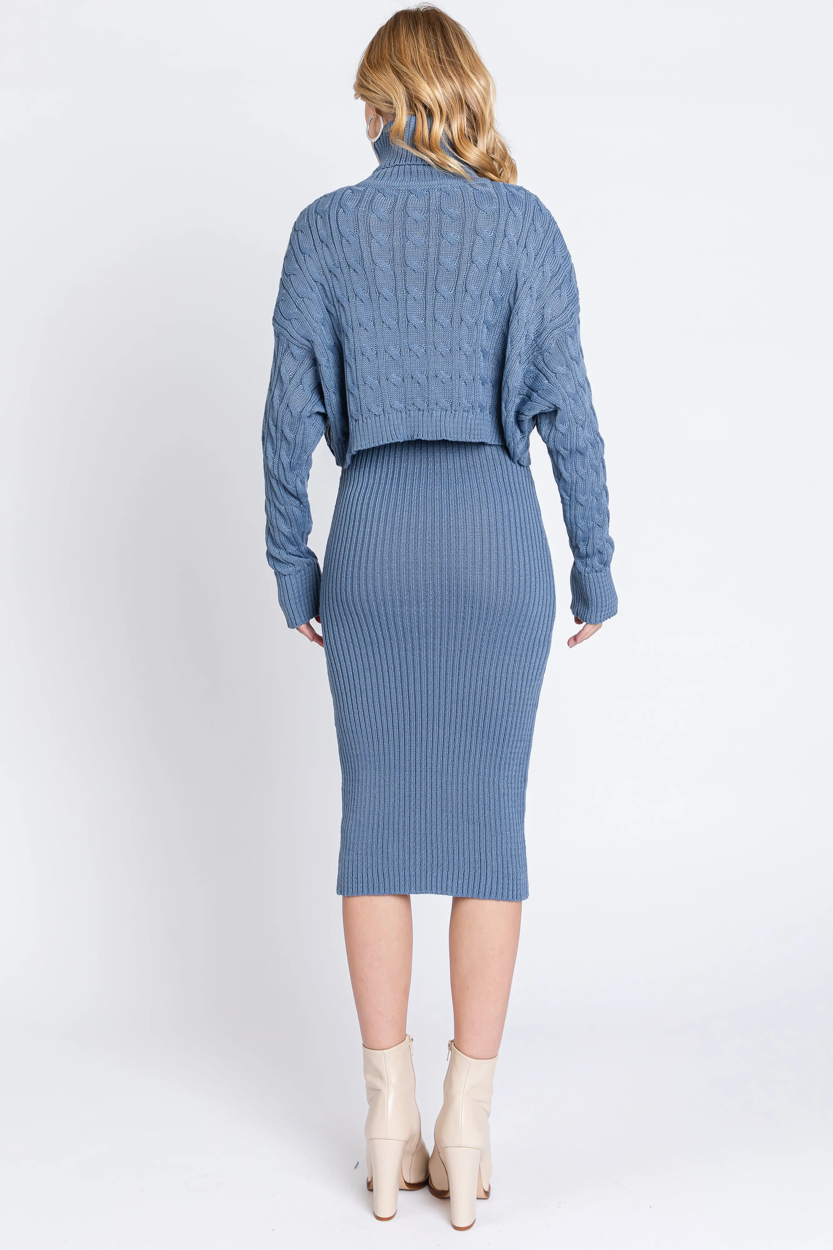 Light Blue Cable Knit Crop Sweater Dress Set