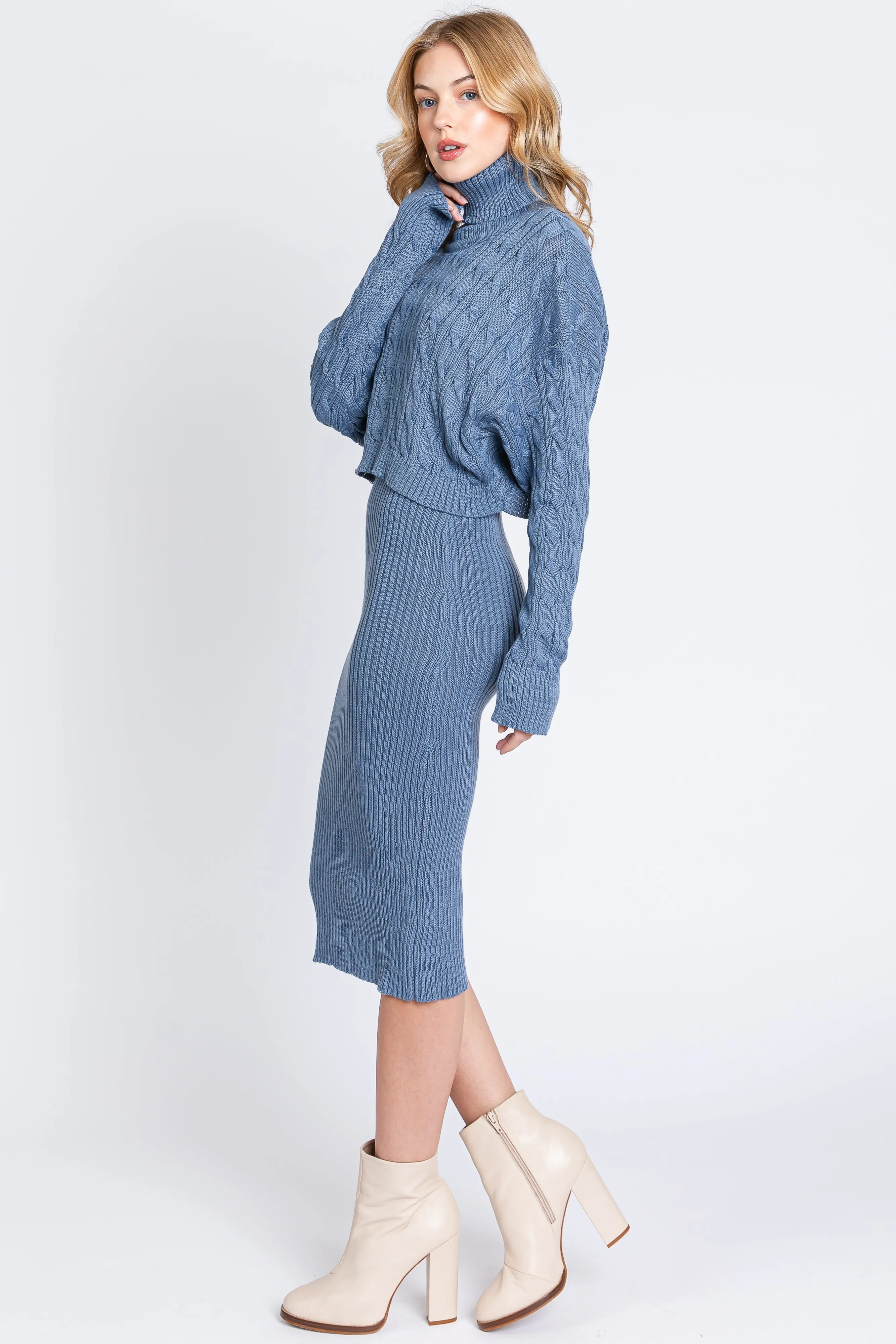 Light Blue Cable Knit Crop Sweater Dress Set