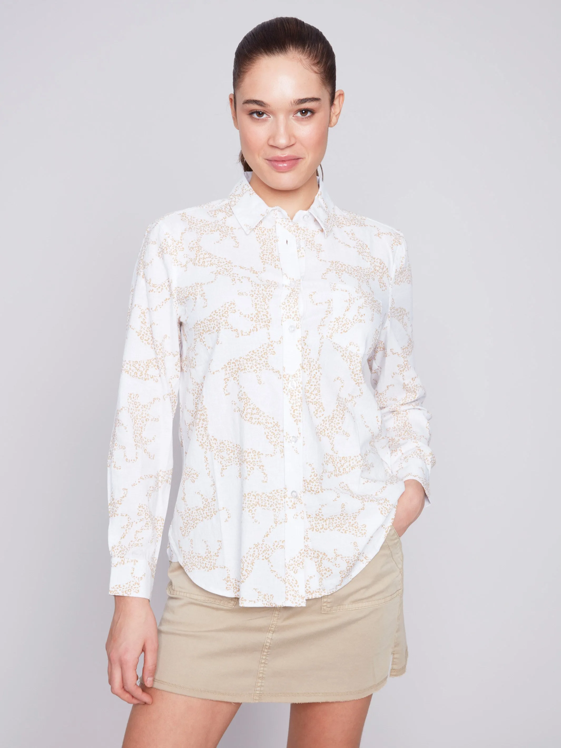 Linen Blend Button-Down Shirt - Animal