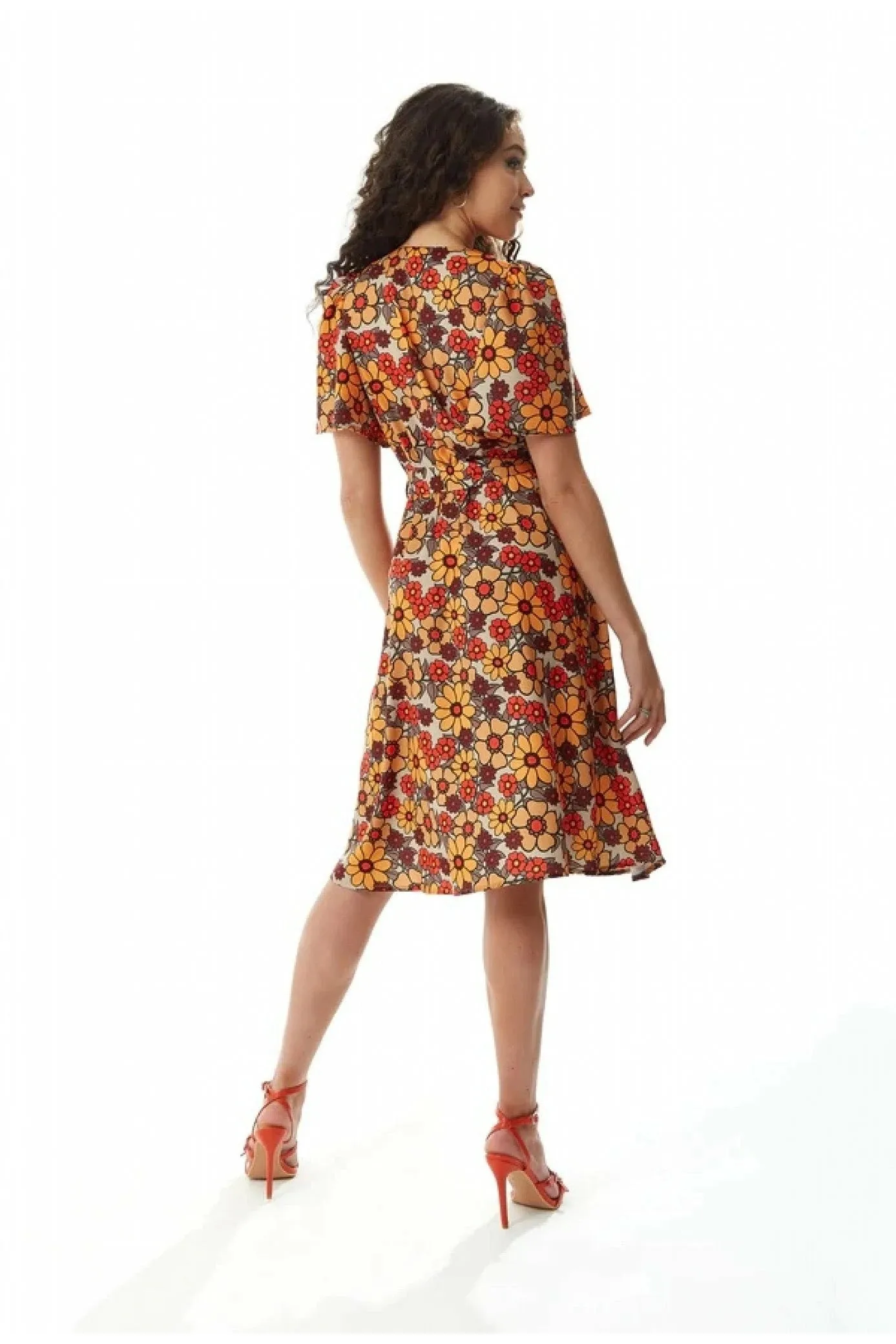 Liquorish Floral Print Midi Wrap Dress In Orange And Red