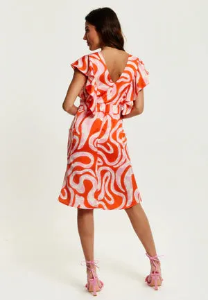 Liquorish Pink And Red Abstract Print Midi Dress With Frill