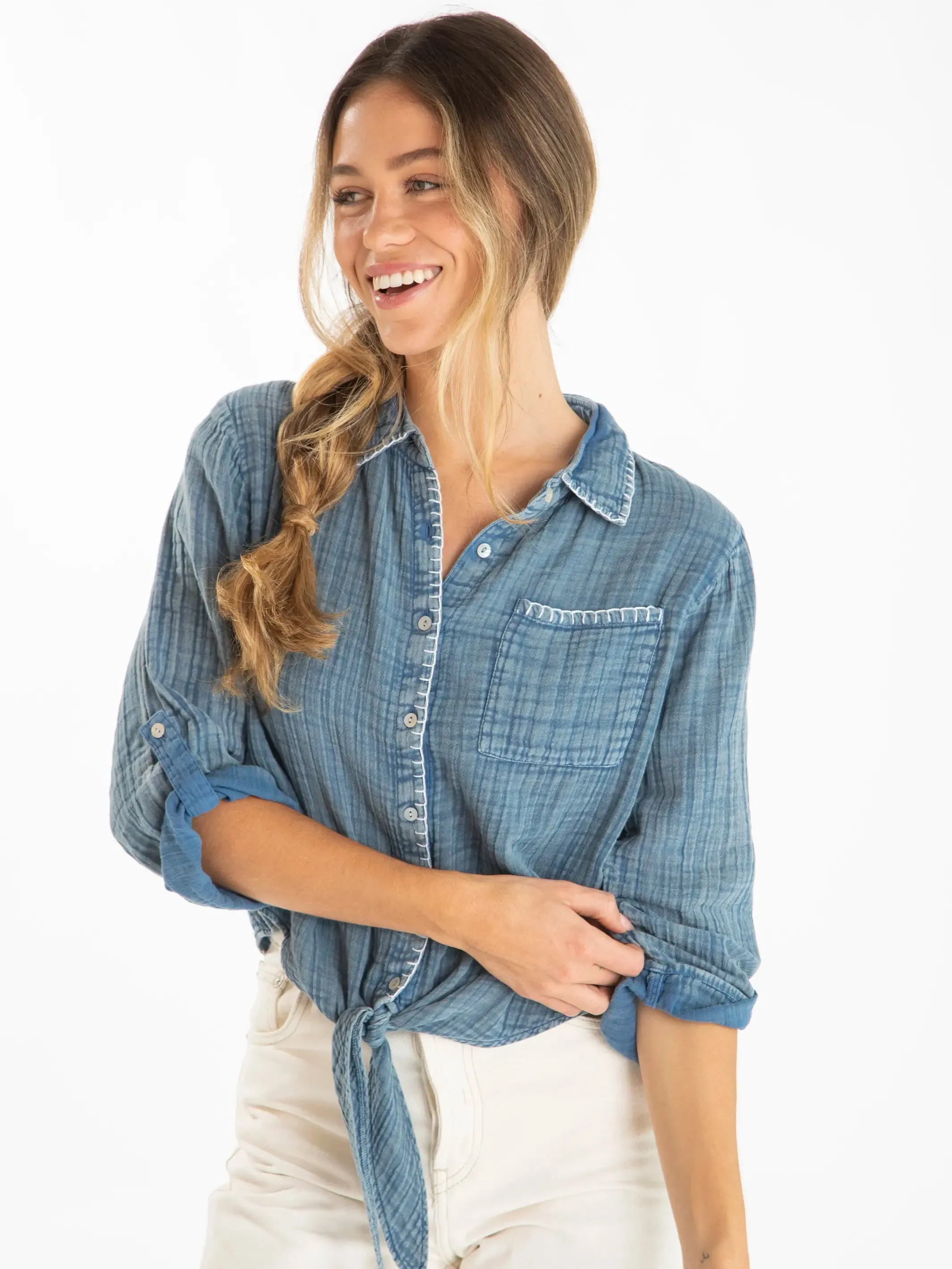 Lola Tie-Front Cotton Denim Button-Down Shirt