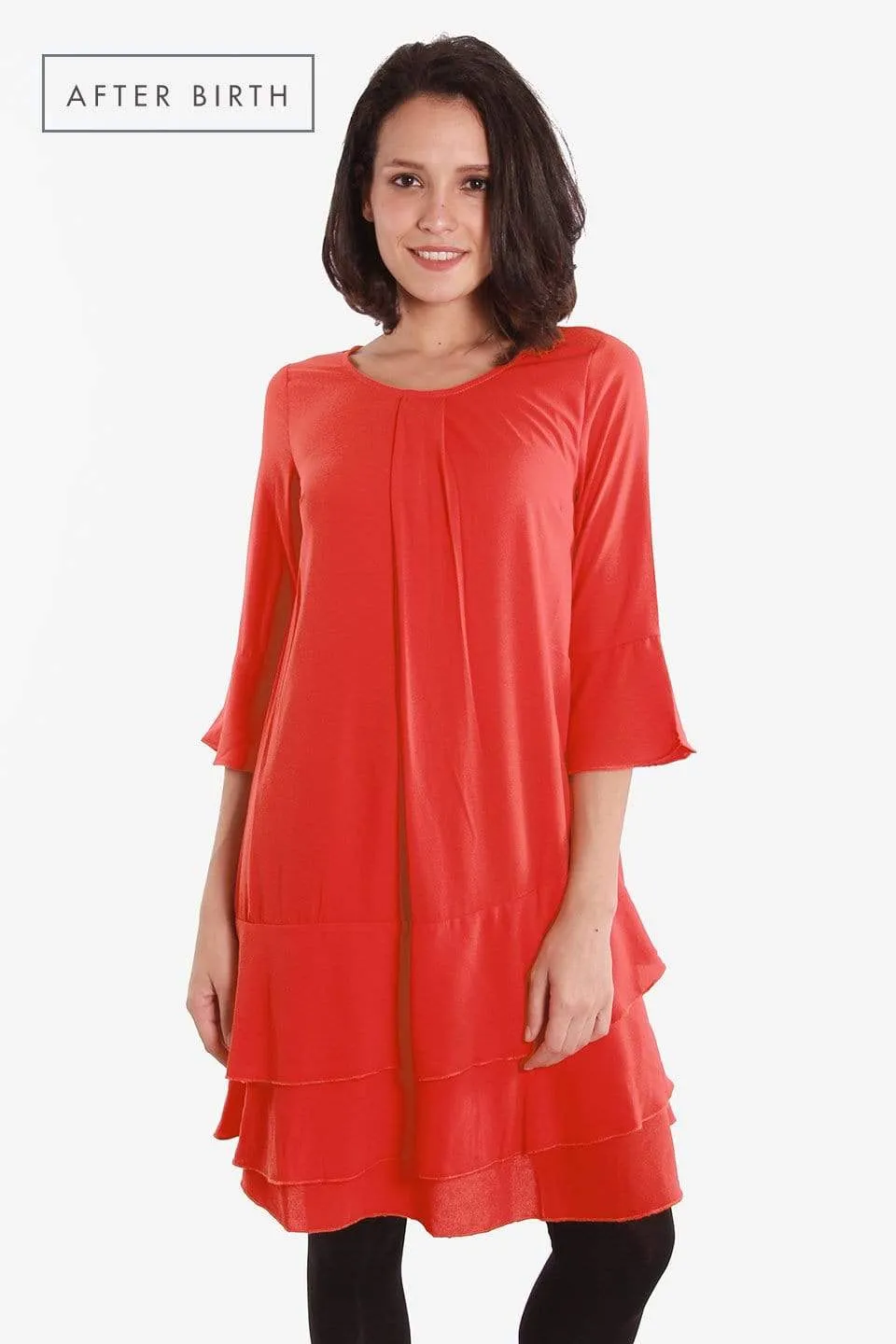 Long Sleeves Christana Tier Nursing Dress Coral Red