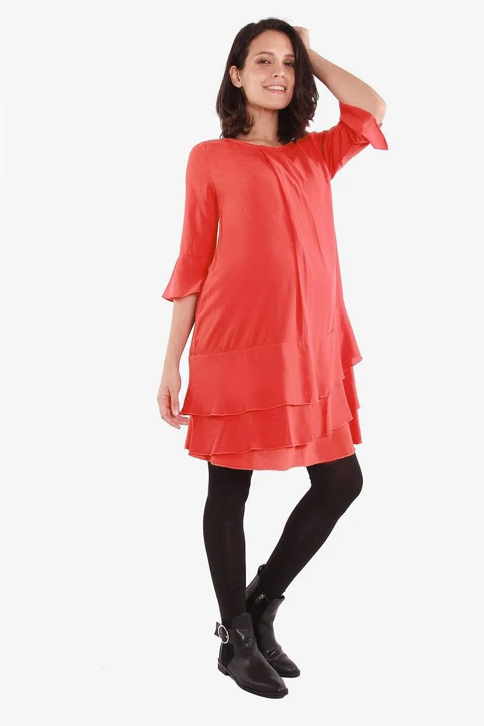 Long Sleeves Christana Tier Nursing Dress Coral Red