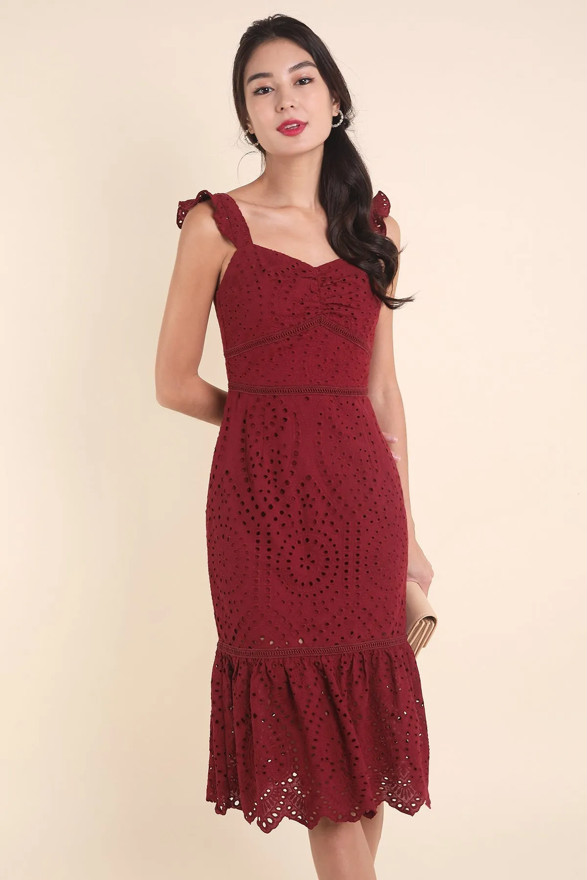 MADEBYNM CHLOE EYELET MERMAID DRESS IN WINE RED