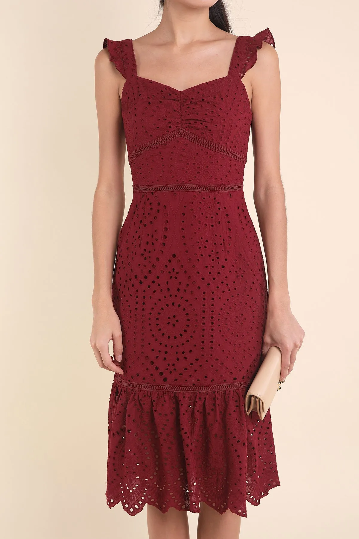 MADEBYNM CHLOE EYELET MERMAID DRESS IN WINE RED