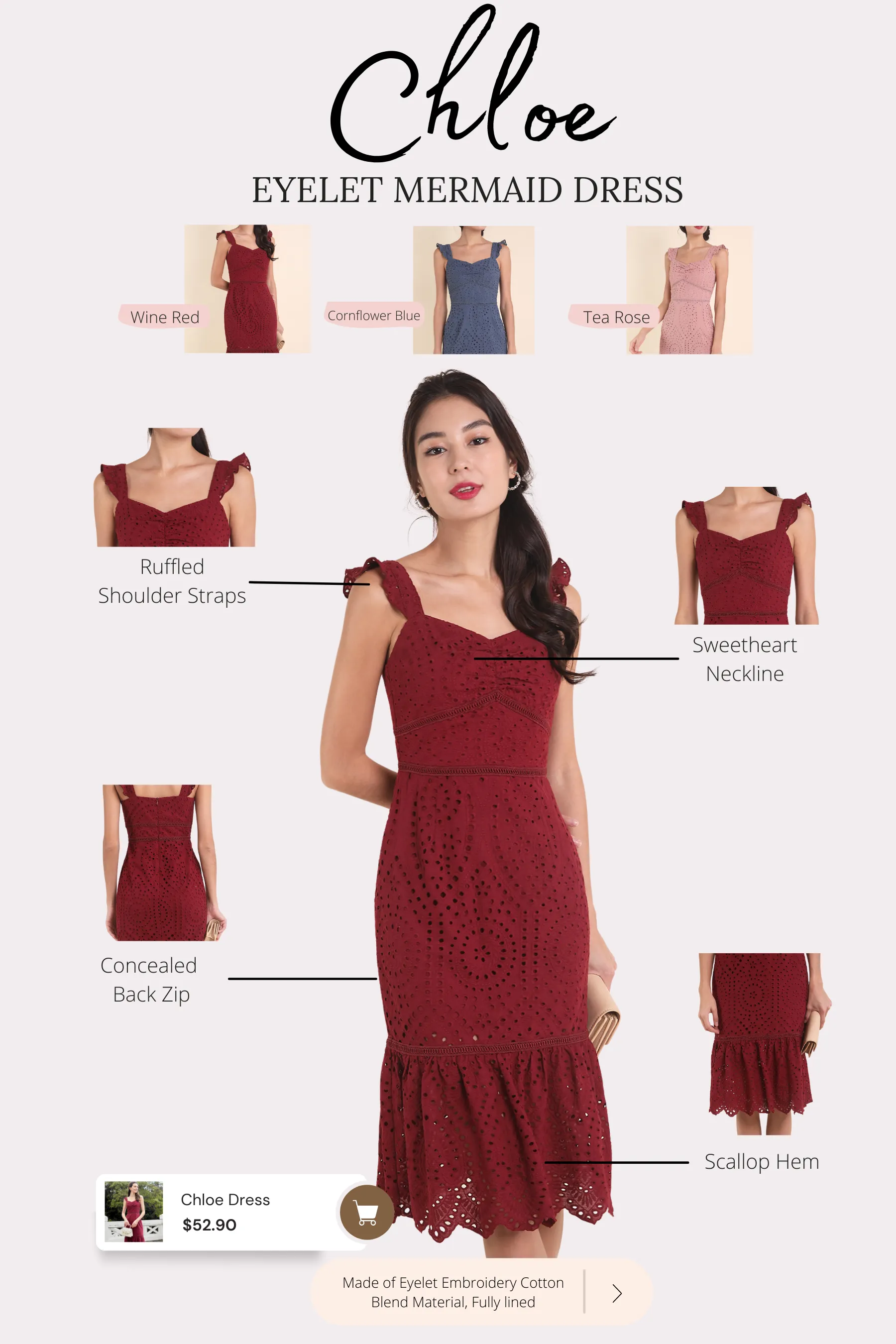 MADEBYNM CHLOE EYELET MERMAID DRESS IN WINE RED