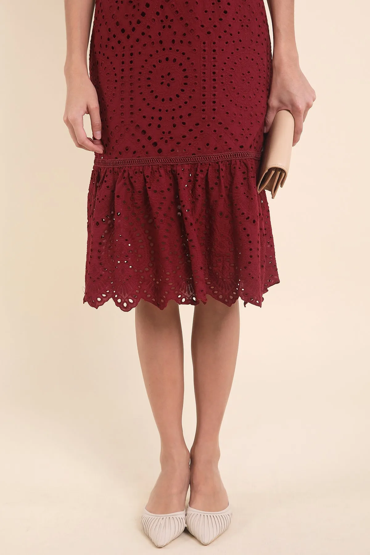 MADEBYNM CHLOE EYELET MERMAID DRESS IN WINE RED