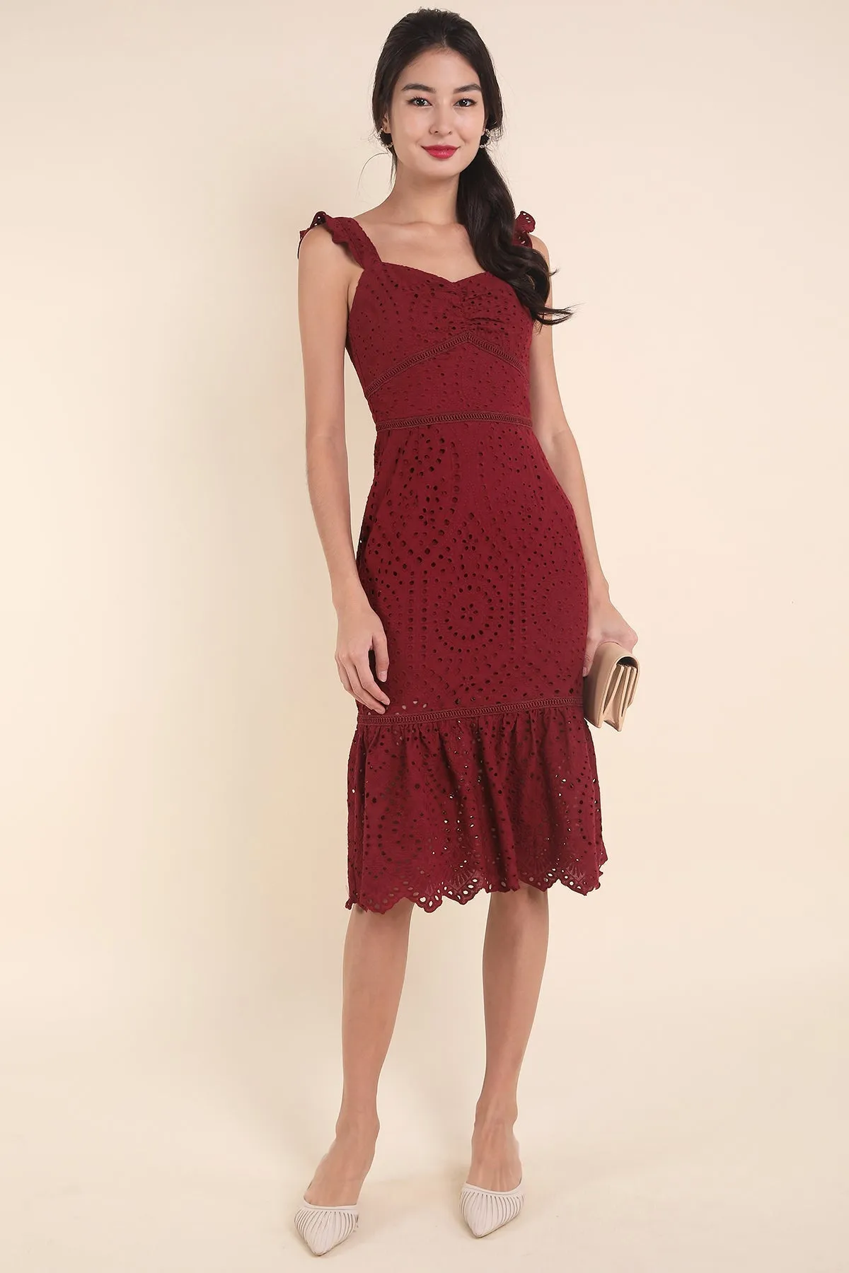 MADEBYNM CHLOE EYELET MERMAID DRESS IN WINE RED