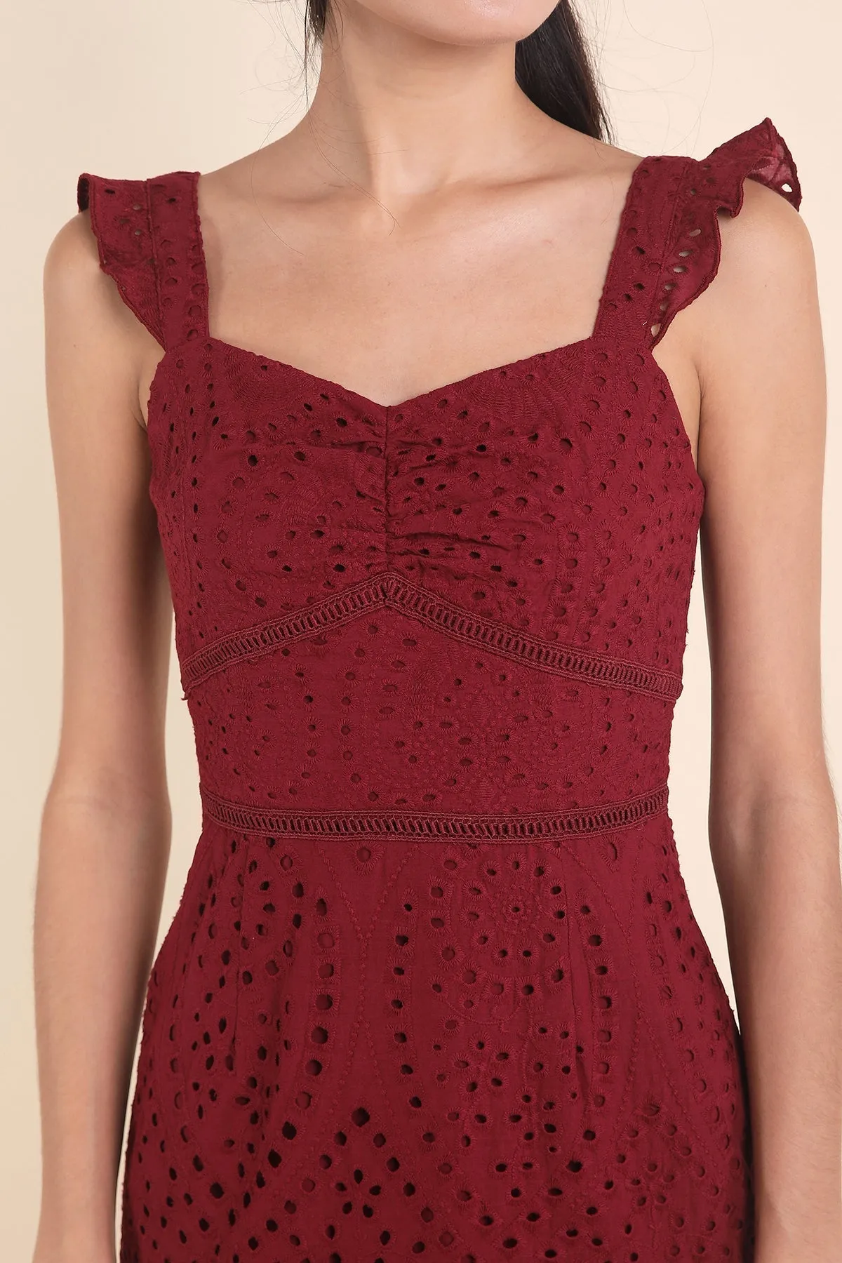 MADEBYNM CHLOE EYELET MERMAID DRESS IN WINE RED