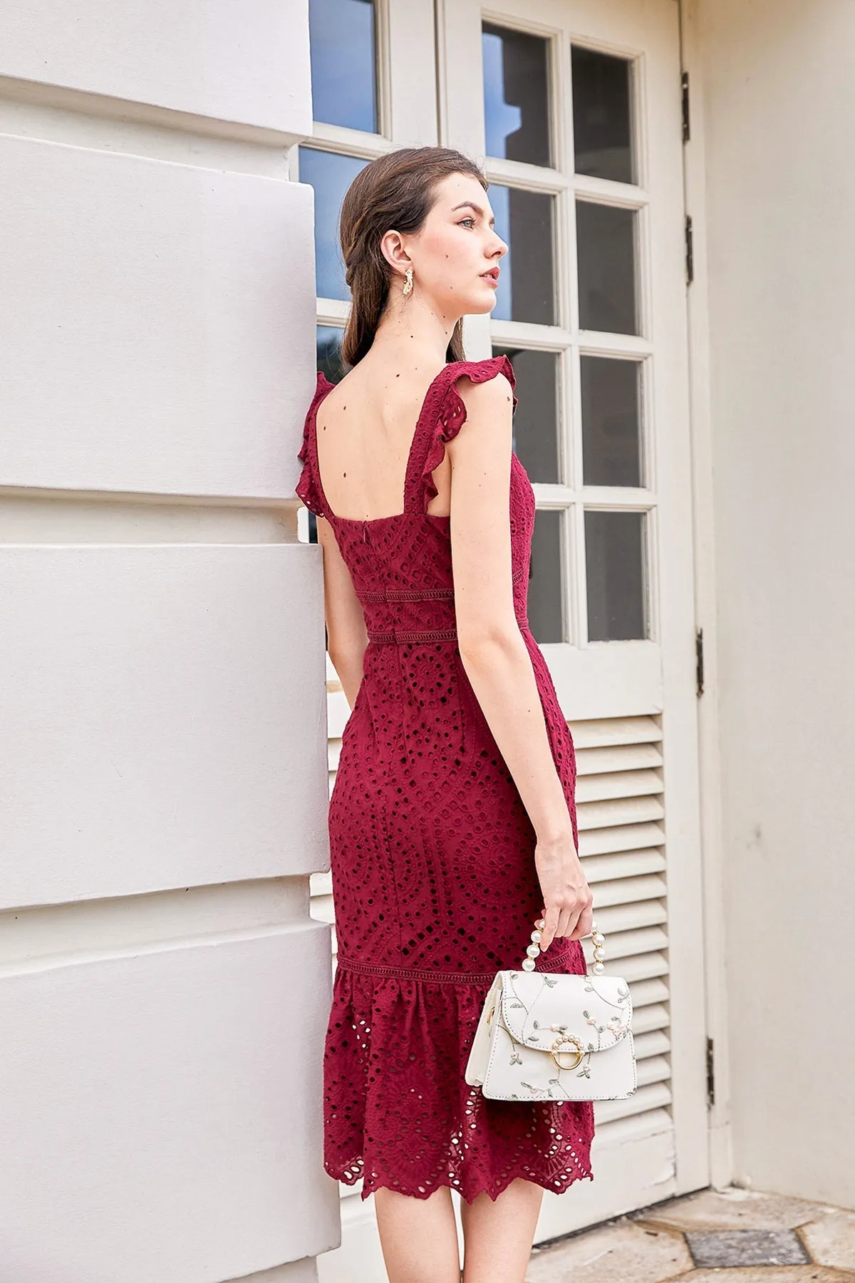 MADEBYNM CHLOE EYELET MERMAID DRESS IN WINE RED