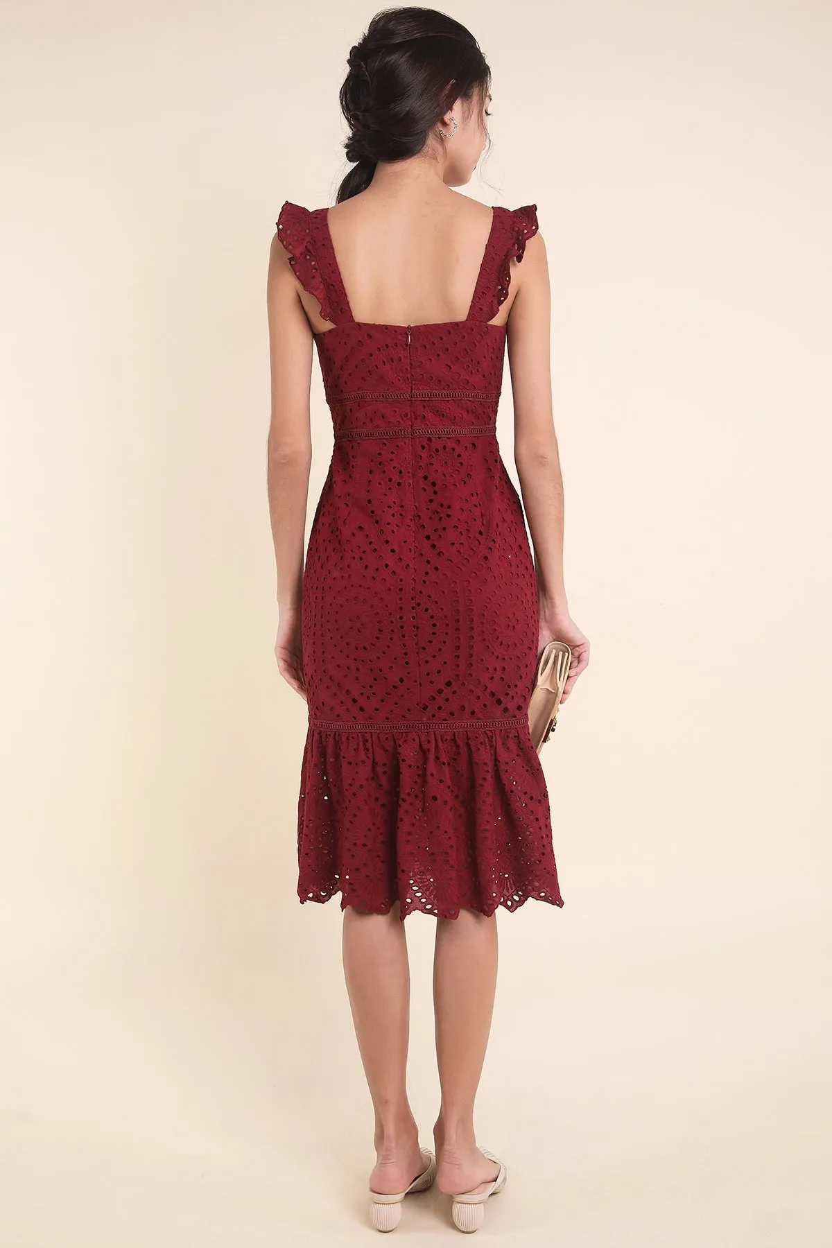 MADEBYNM CHLOE EYELET MERMAID DRESS IN WINE RED