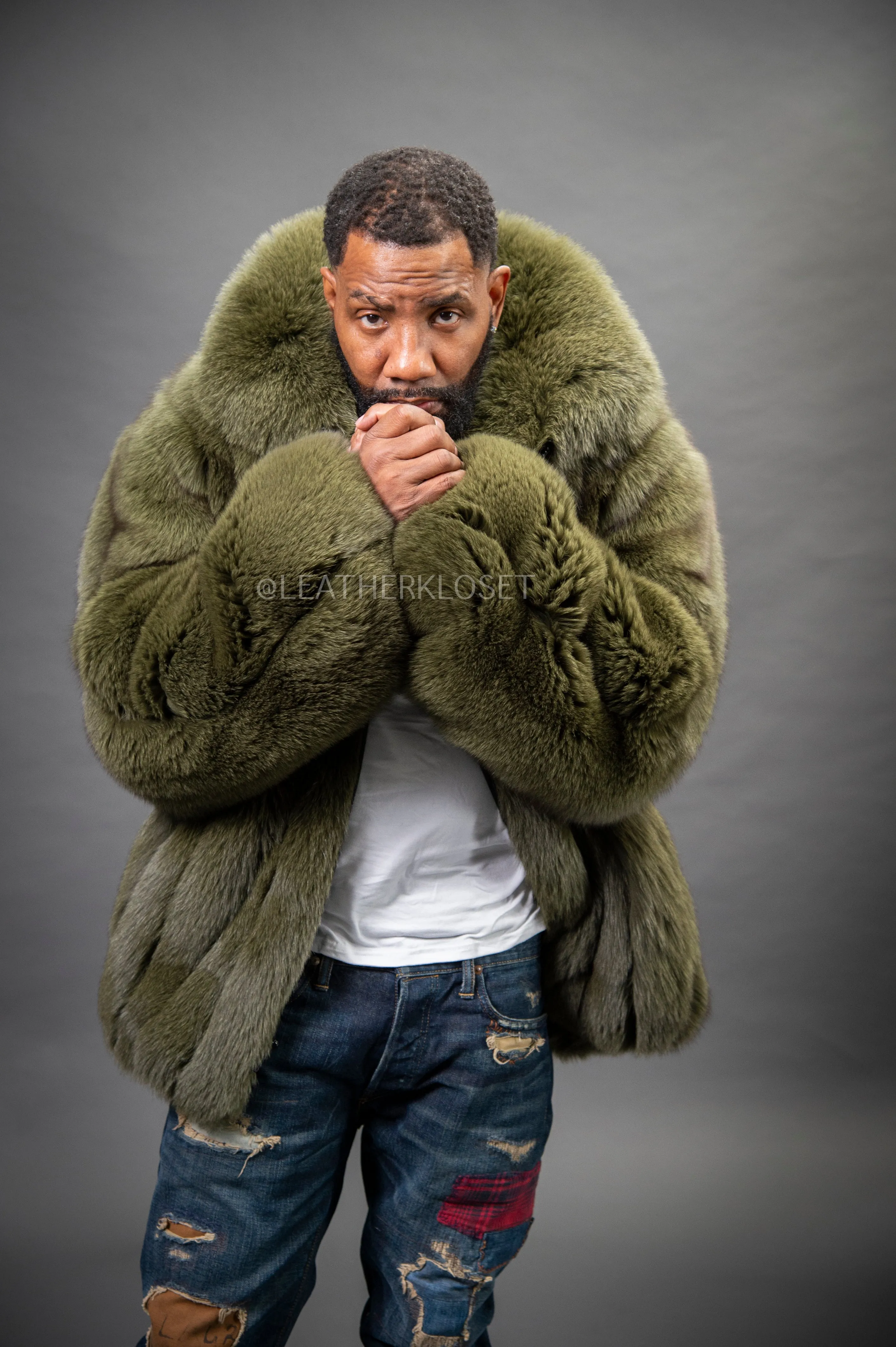 Mens Olive Black Fox Fur Bomber Jacket