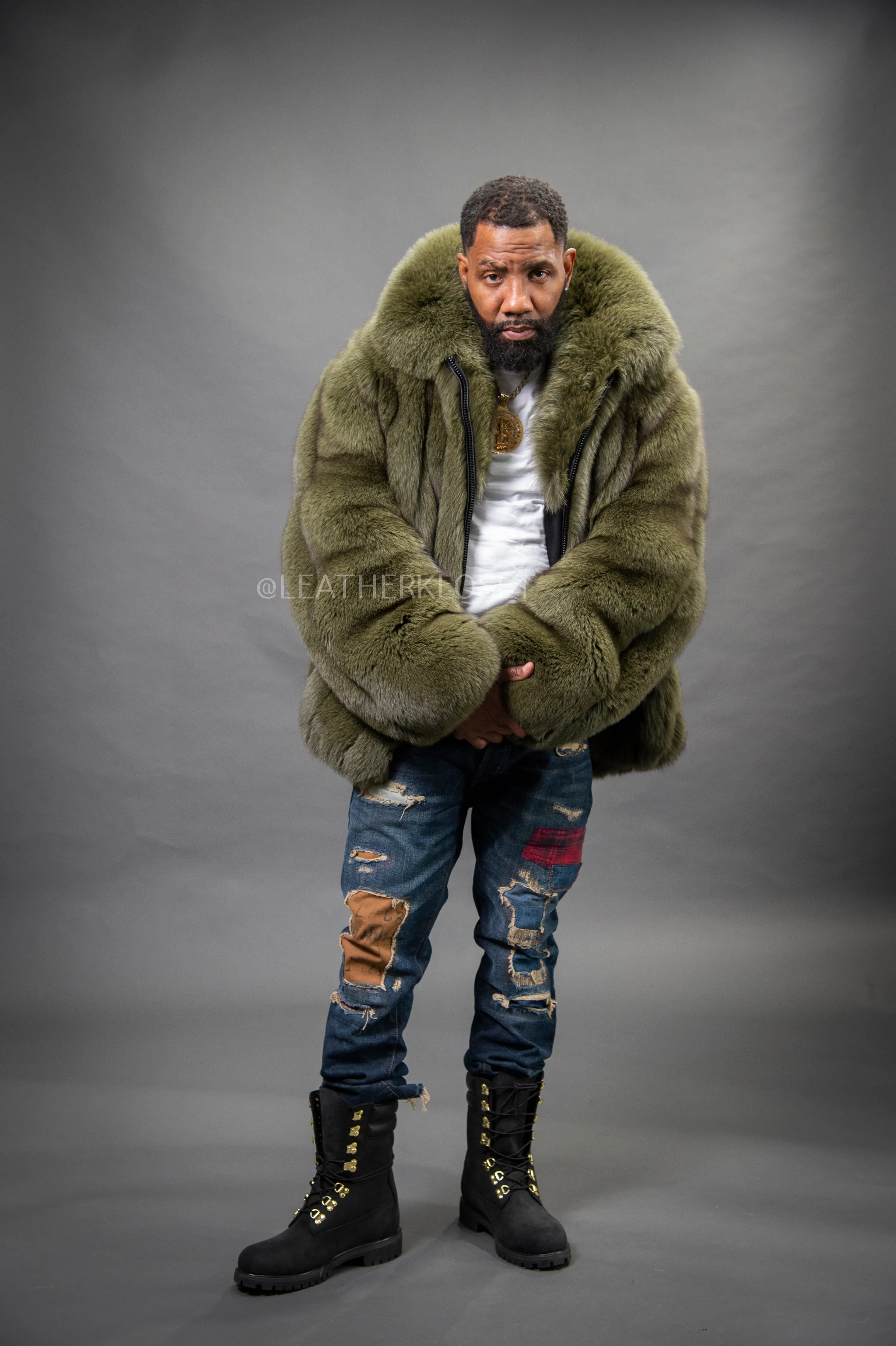 Mens Olive Black Fox Fur Bomber Jacket