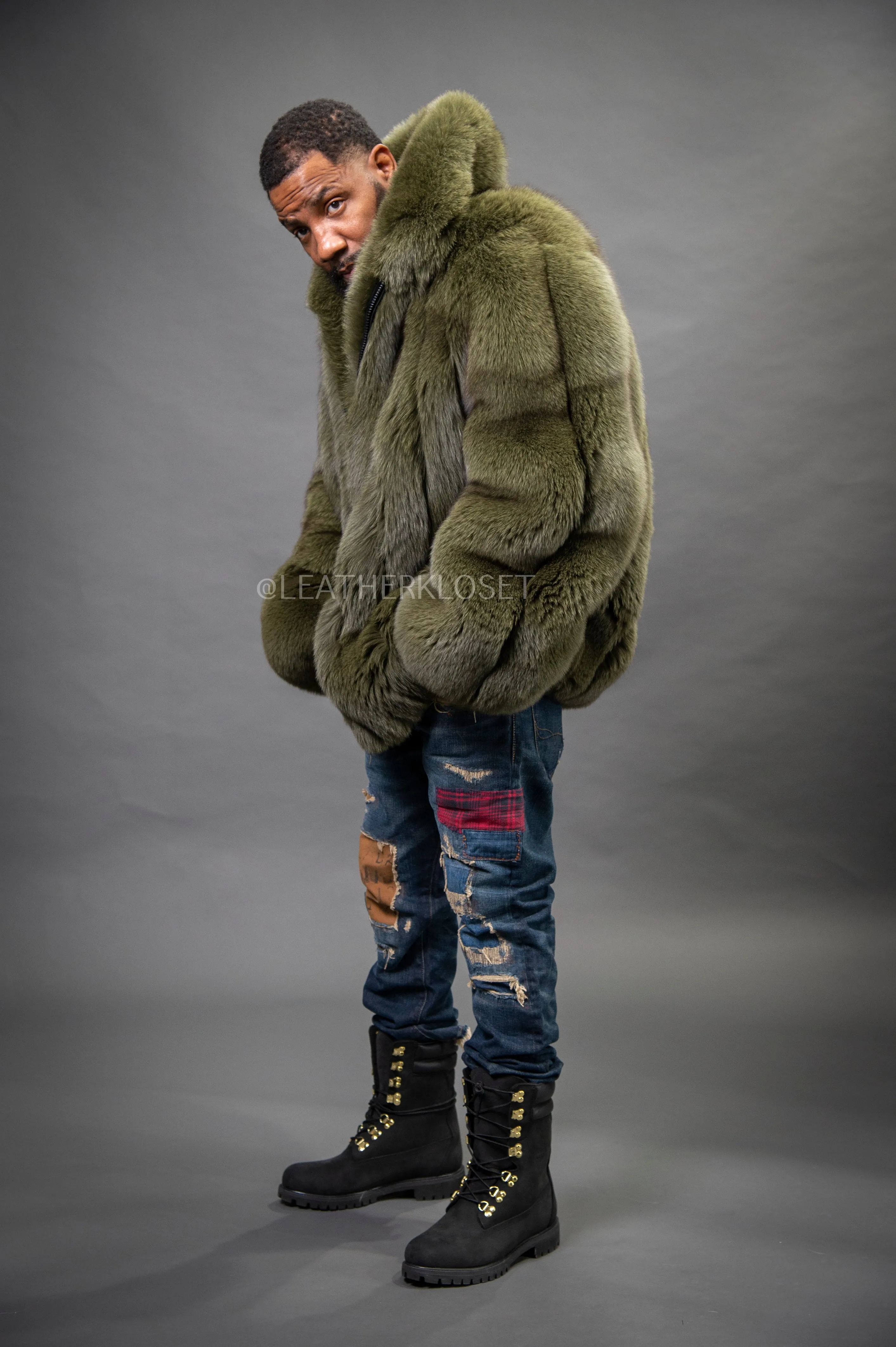 Mens Olive Black Fox Fur Bomber Jacket