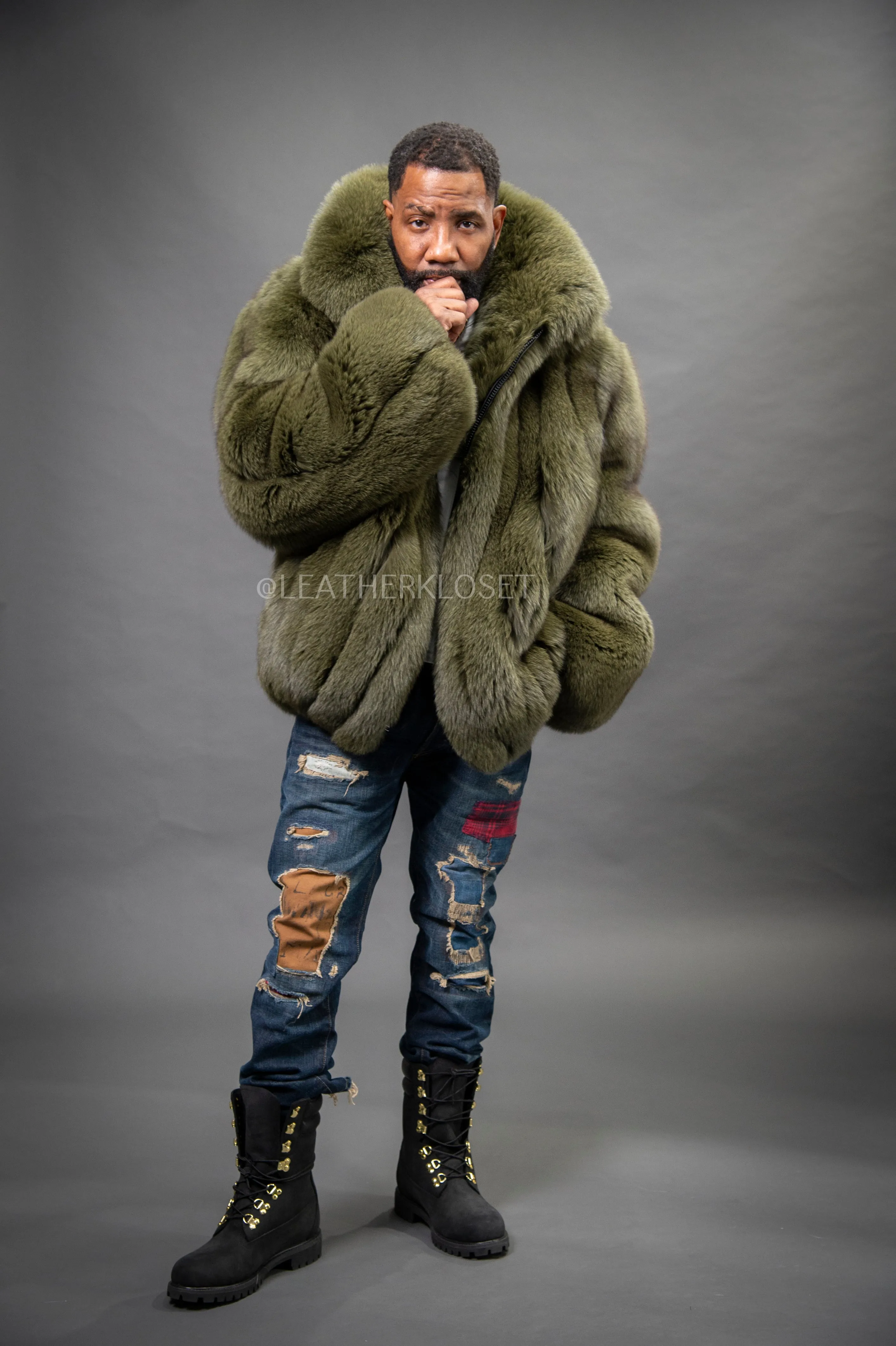 Mens Olive Black Fox Fur Bomber Jacket