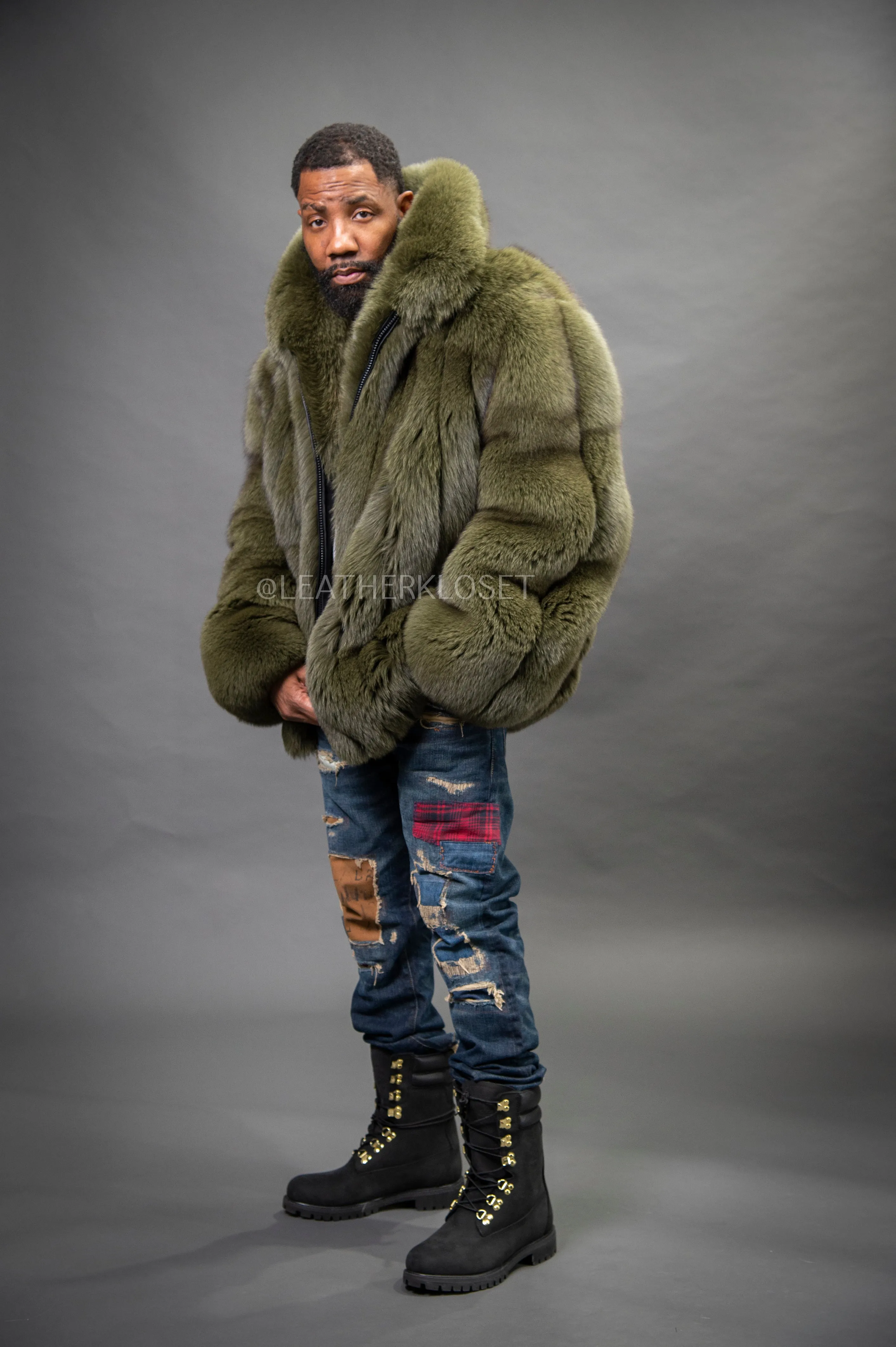 Mens Olive Black Fox Fur Bomber Jacket