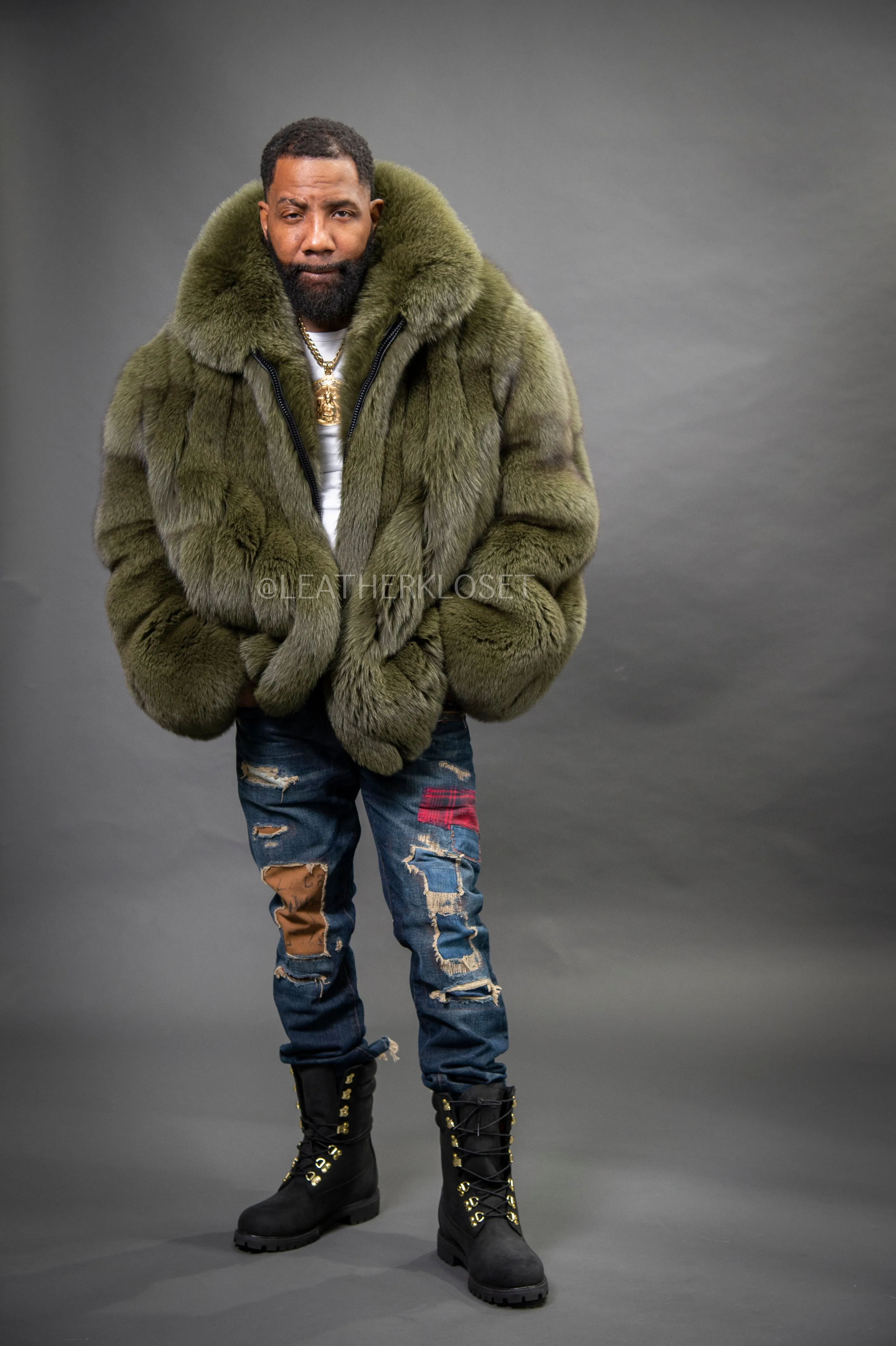 Mens Olive Black Fox Fur Bomber Jacket