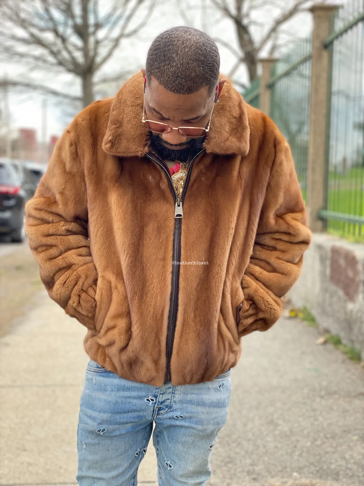 Men's Full Skin Mink Bomber Jacket [Whiskey]