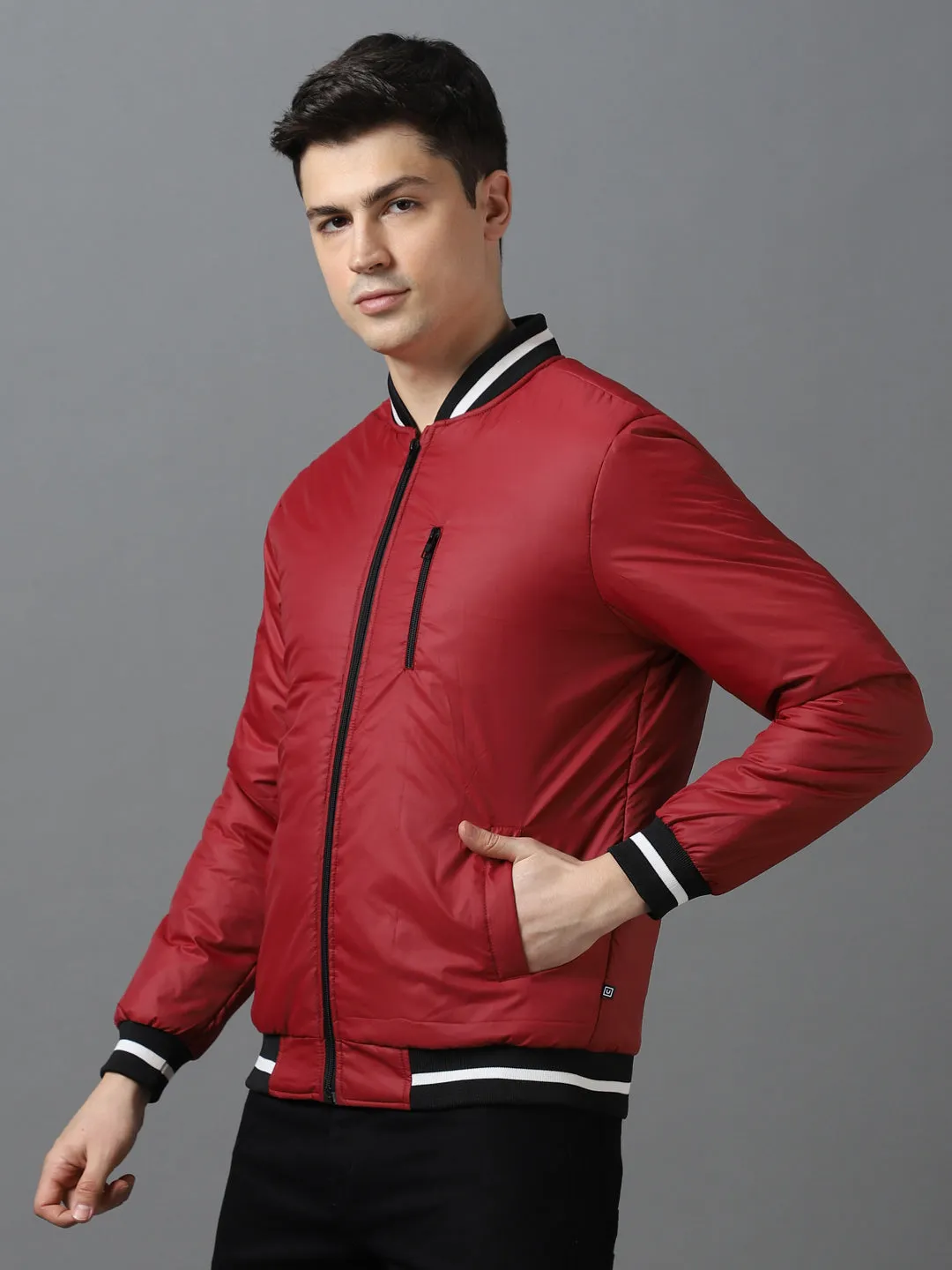 Men's Maroon Full Sleeve Zippered Bomber Jacket