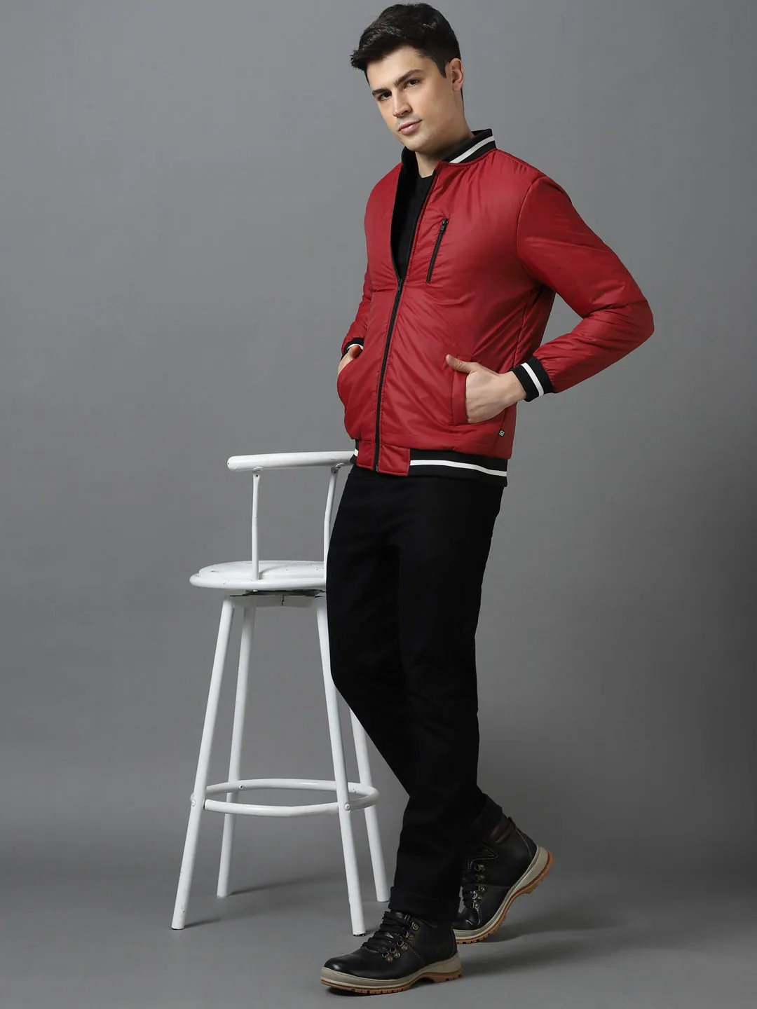 Men's Maroon Full Sleeve Zippered Bomber Jacket