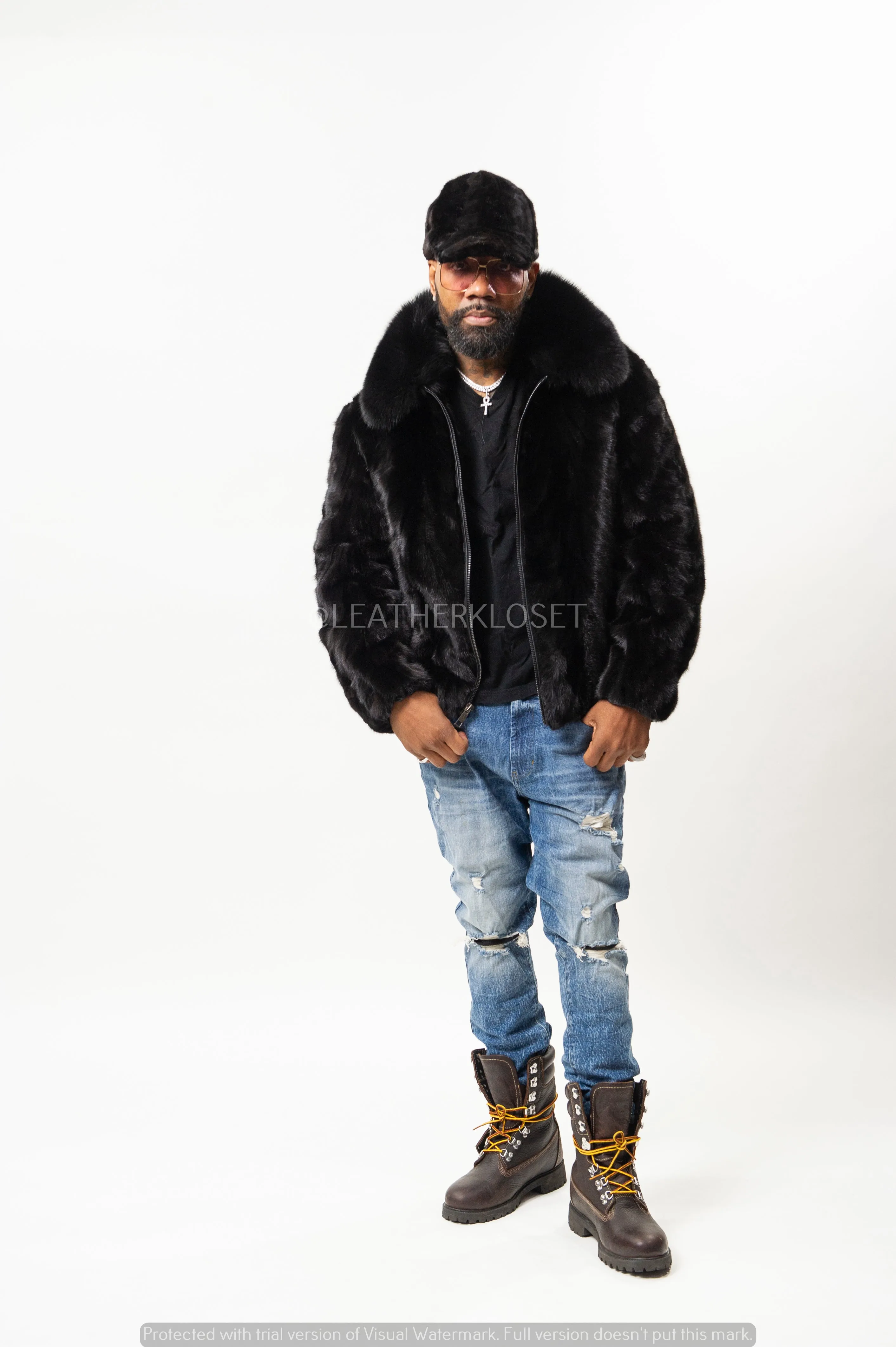 Men's Mink Bomber Jacket With Matching Cap [Black]