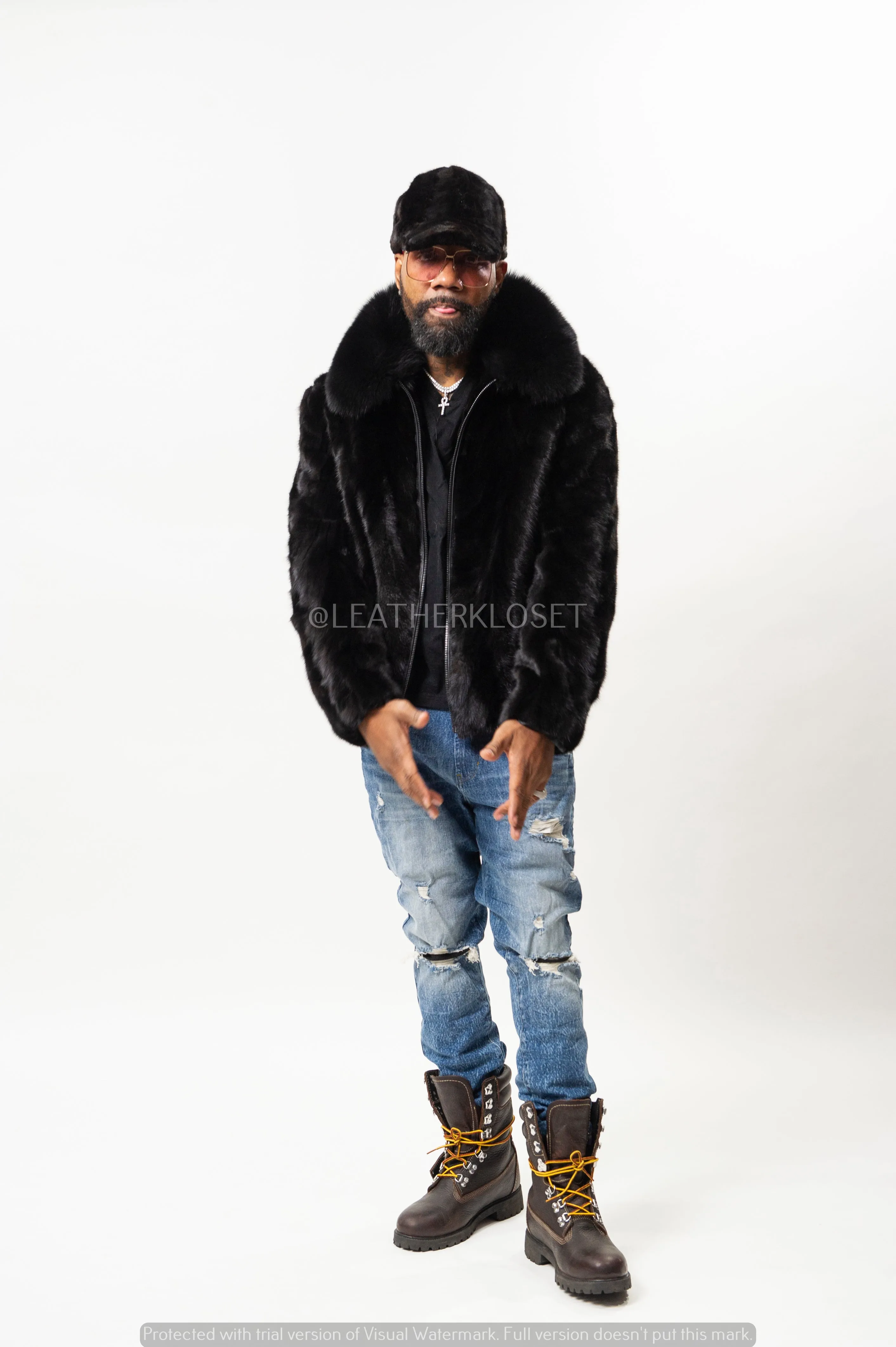 Men's Mink Bomber Jacket With Matching Cap [Black]