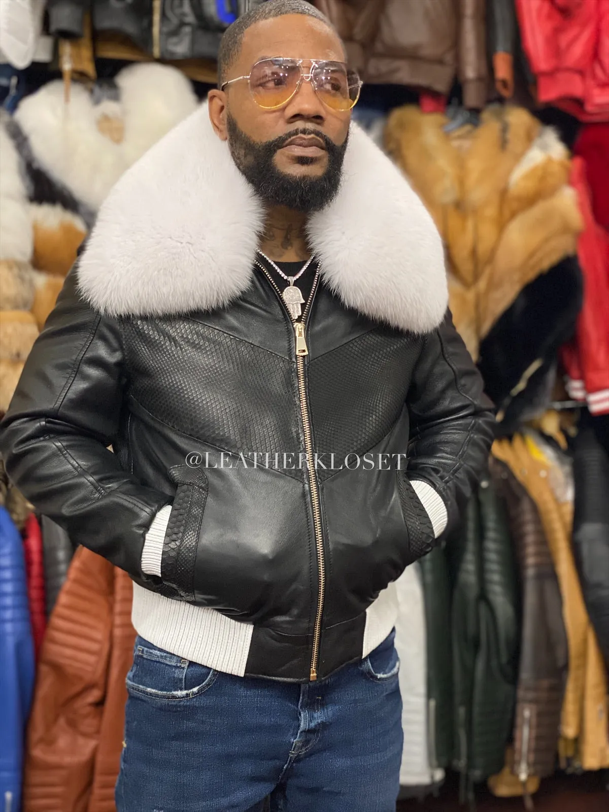 Men's Real Python And Leather Bomber Jacket W/ Fox