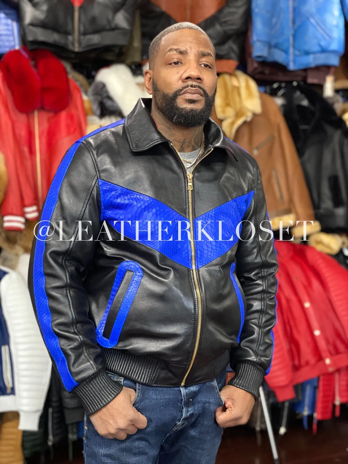 Men's Real Python And Leather Bomber Jacket