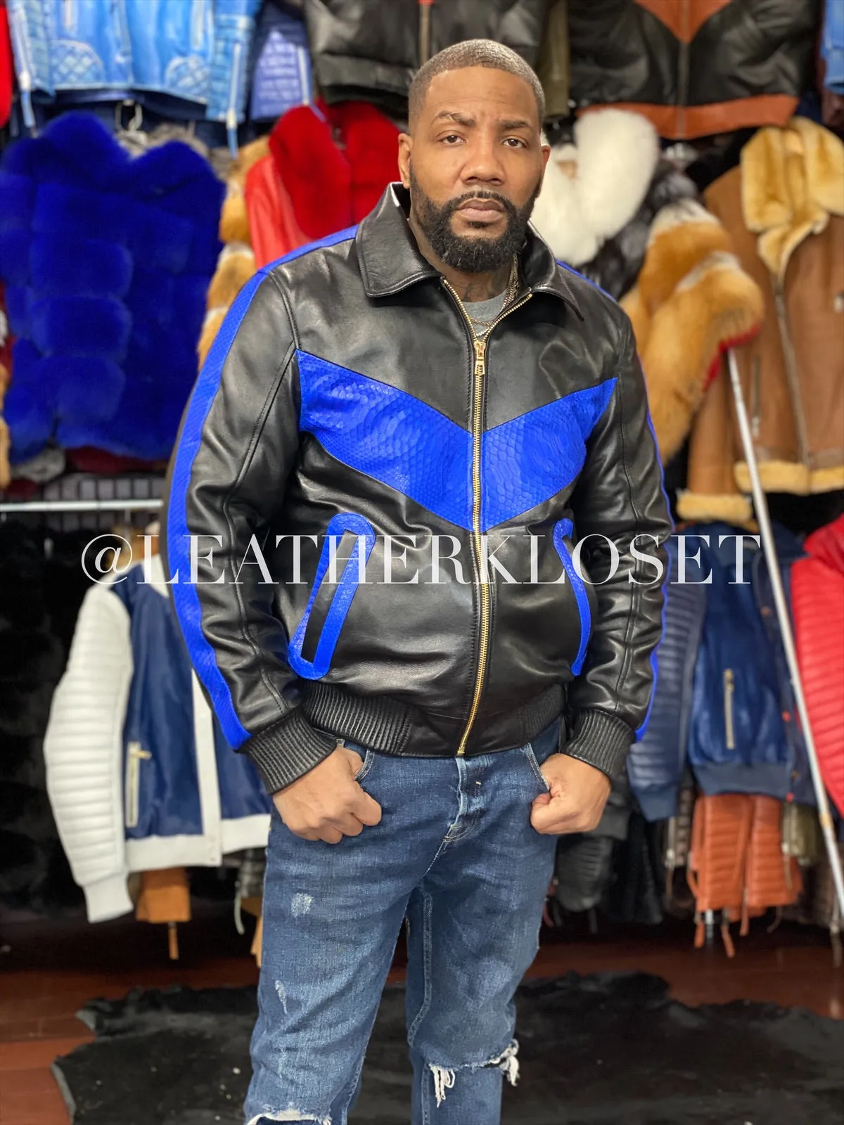 Men's Real Python And Leather Bomber Jacket