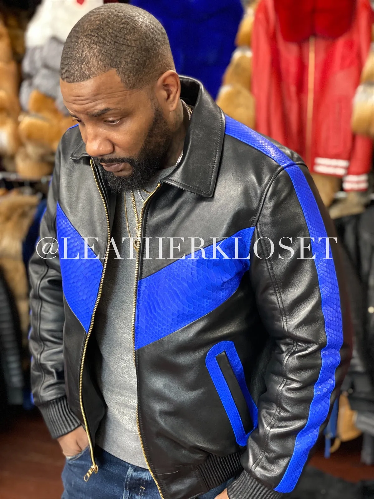 Men's Real Python And Leather Bomber Jacket