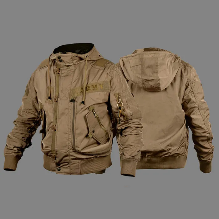 Military Fan Hooded Stand Collar Ma1 Men's Bomber Jacket